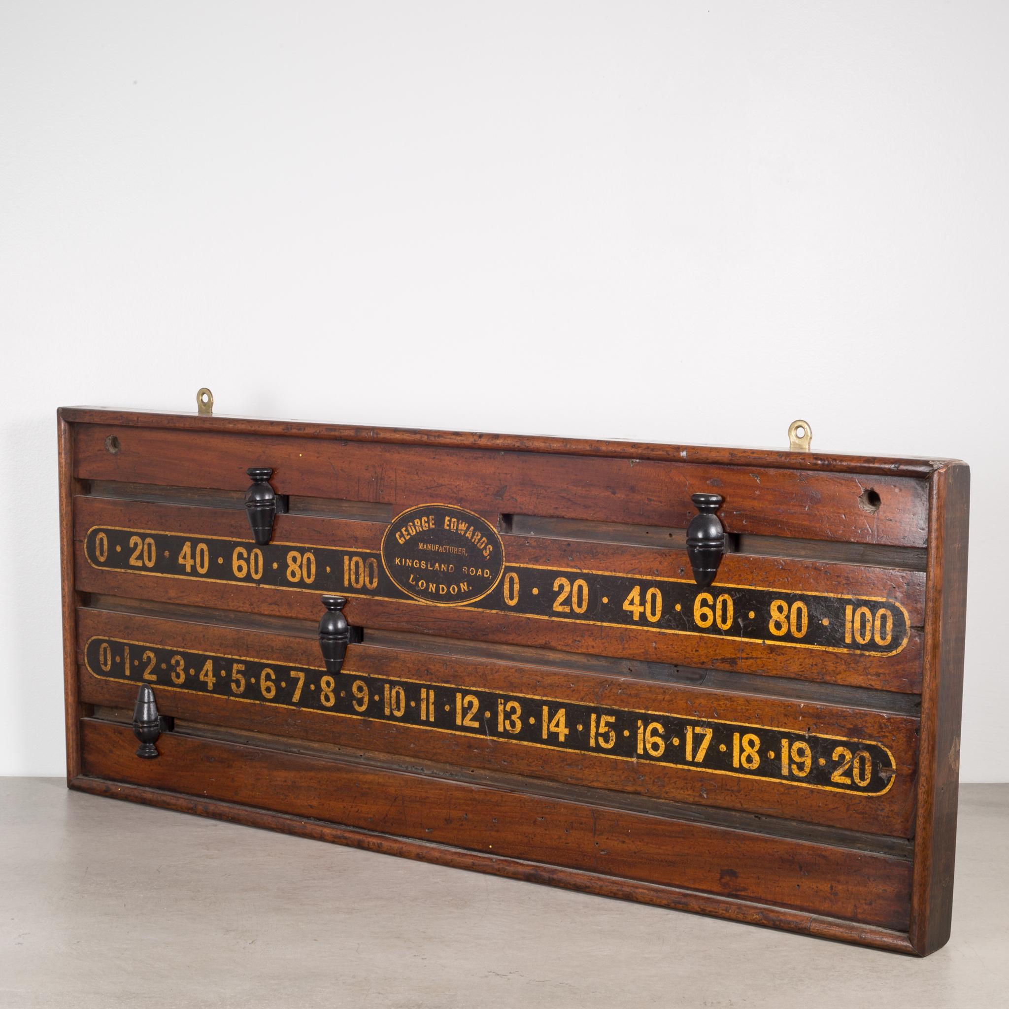 About:

This is a two player mahogany snooker game scoreboard with the original label. This piece has retained its original finish with vibrant numbers.

Creator: George Edwards Manufacturer, London, England.
Date of manufacture: Circa
