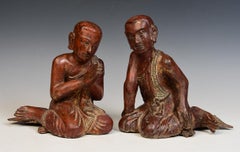 19th C., Mandalay, A Pair of Antique Burmese Wooden Seated Monk / Disciple