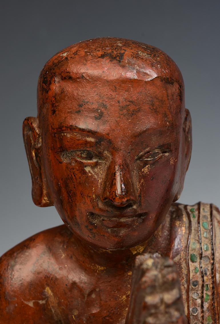 Hand-Carved 19th C., Mandalay, A Pair of Antique Burmese Wooden Seated Monk / Disciple For Sale