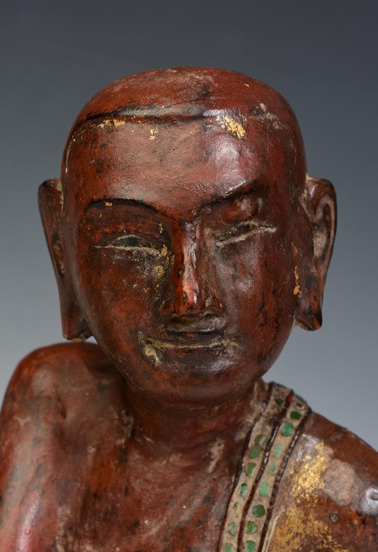 19th Century 19th C., Mandalay, A Pair of Antique Burmese Wooden Seated Monk / Disciple For Sale