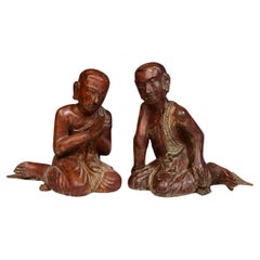 19th C., Mandalay, A Pair of Antique Burmese Wooden Seated Monk / Disciple