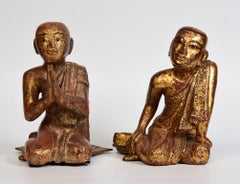 19th C., Mandalay, a Pair of Antique Burmese Wooden Seated Monks / Disciples