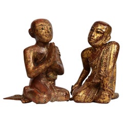 19th C., Mandalay, a Pair of Antique Burmese Wooden Seated Monks / Disciples