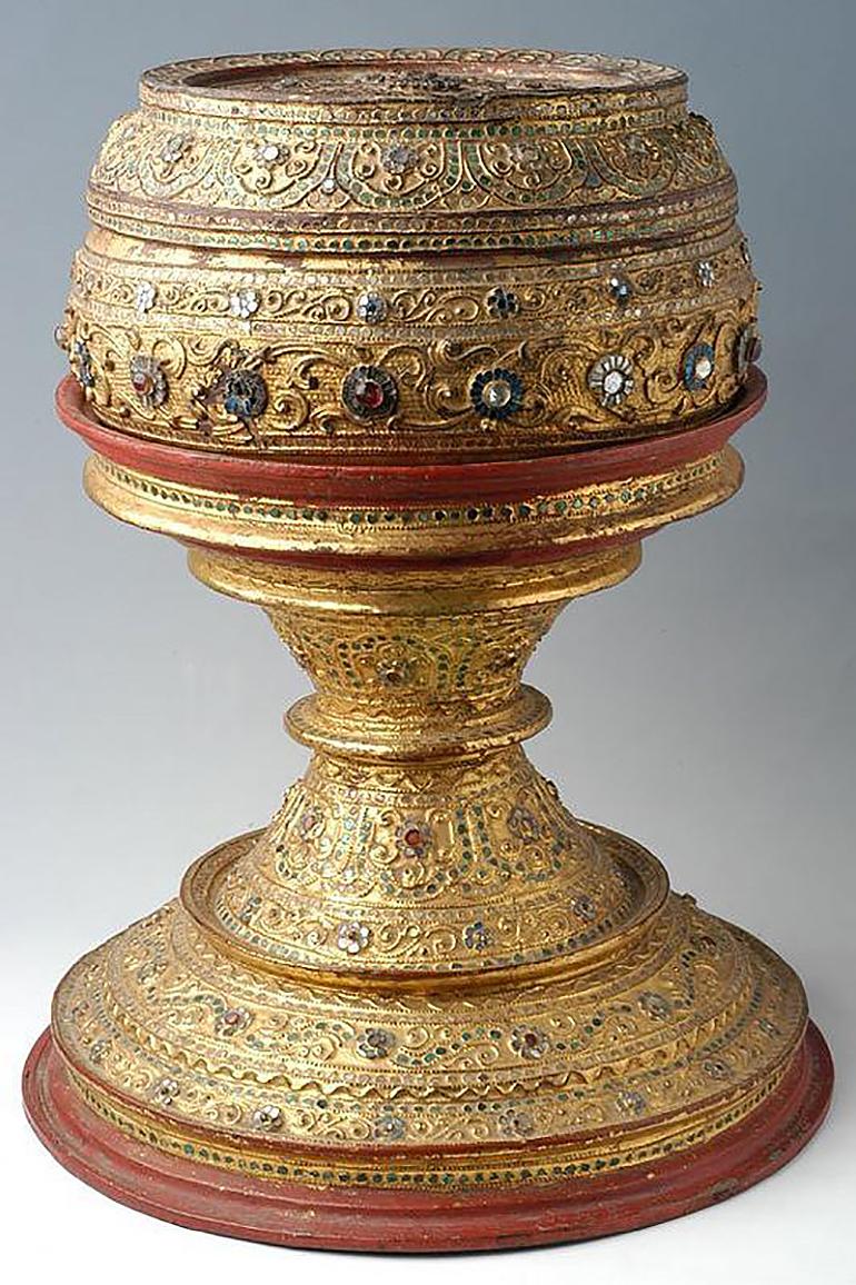 Hand-Carved 19th C., Mandalay, Antique Burmese Offering Bowl Decorated with Mirror Tiles