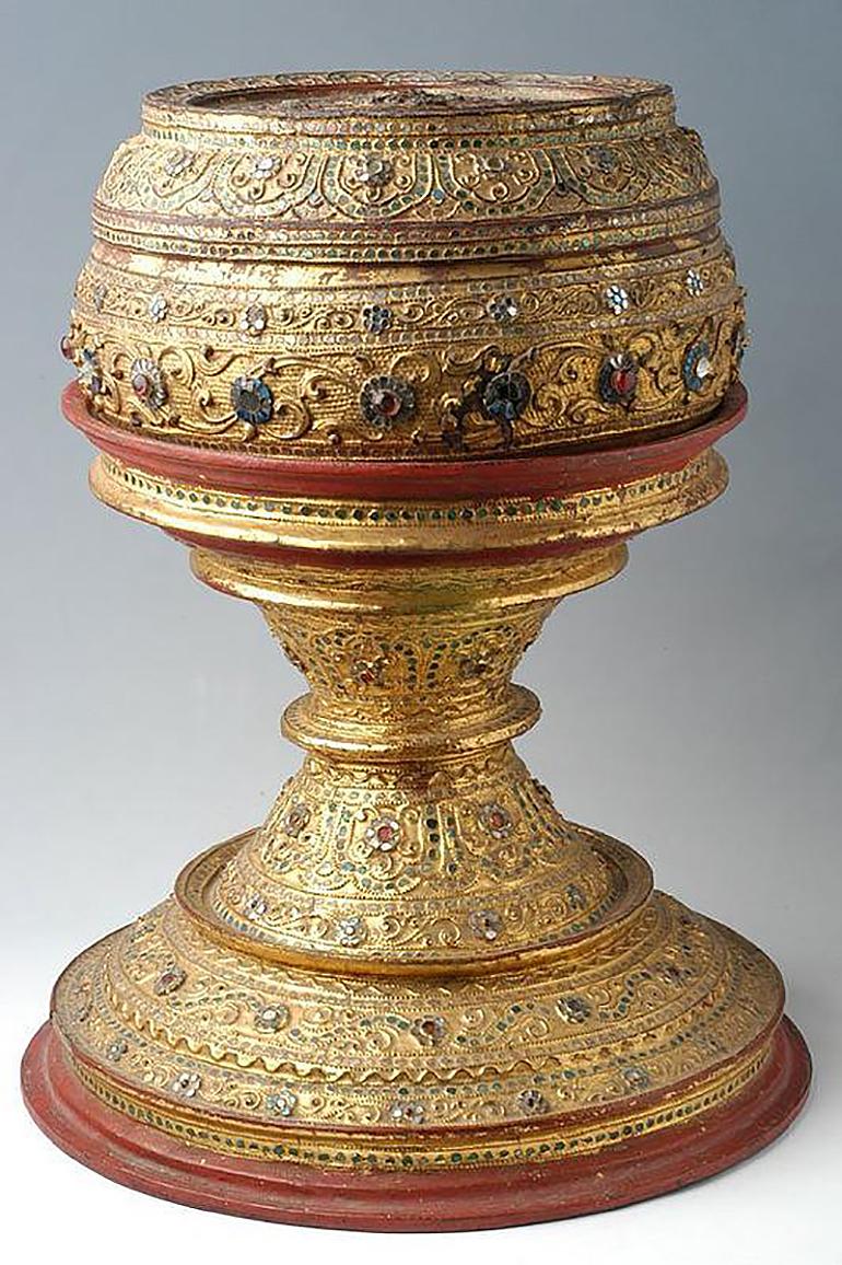 19th Century 19th C., Mandalay, Antique Burmese Offering Bowl Decorated with Mirror Tiles