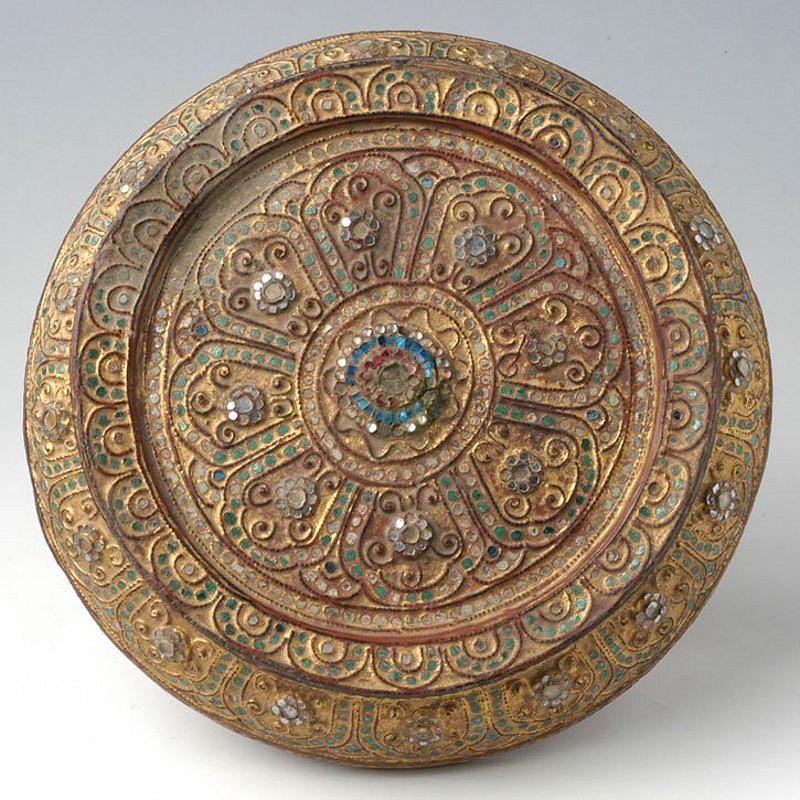 Wood 19th C., Mandalay, Antique Burmese Offering Bowl Decorated with Mirror Tiles