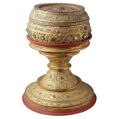19th C., Mandalay, Antique Burmese Offering Bowl Decorated with Mirror Tiles