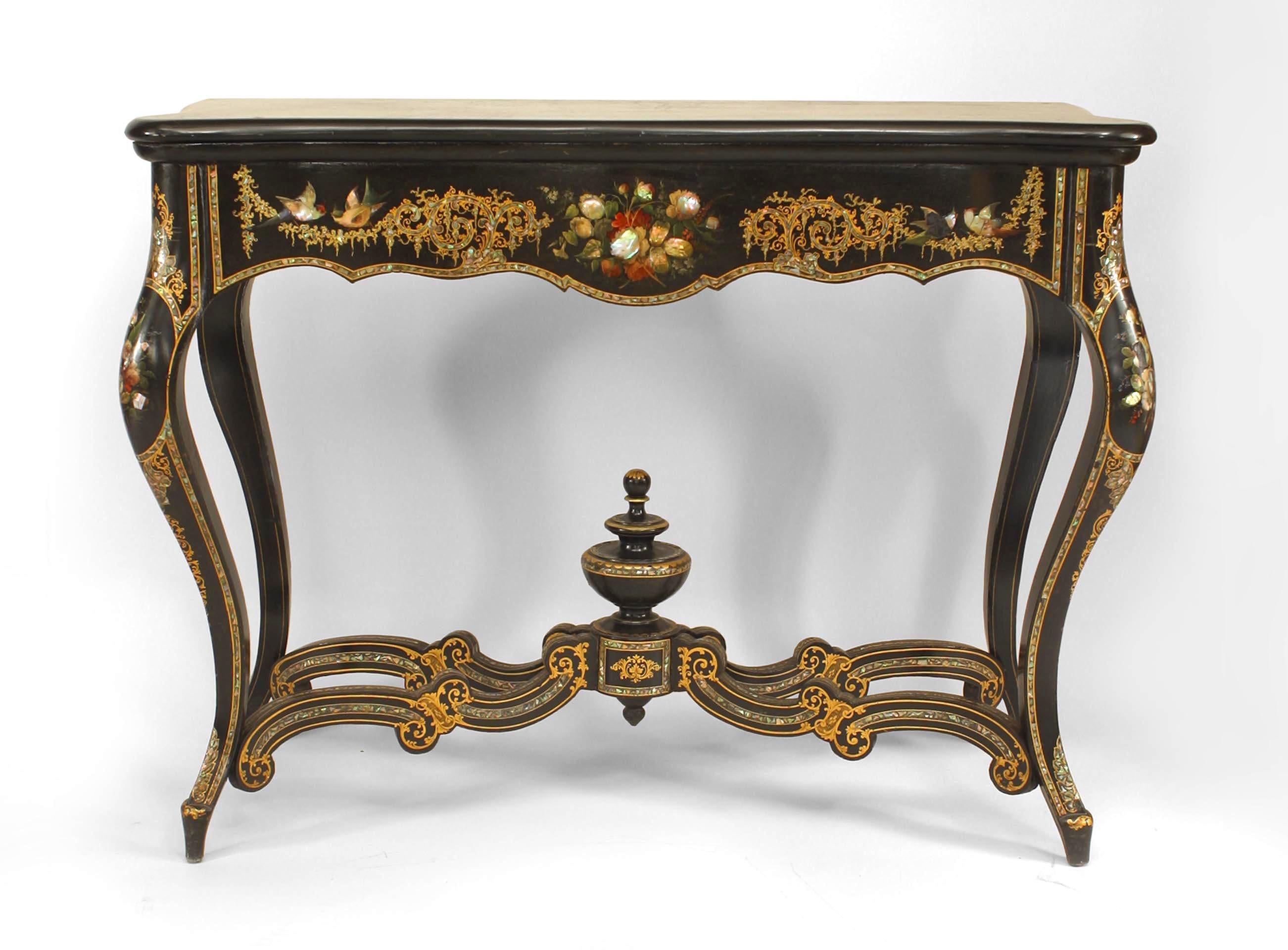 English Victorian papier mache pearl inlaid black lacquered console table with urn stretcher and black marble top.
