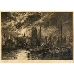 19th C. Maritime Copperplate Engraving of Fishing Boats at Dawn, Published 1886