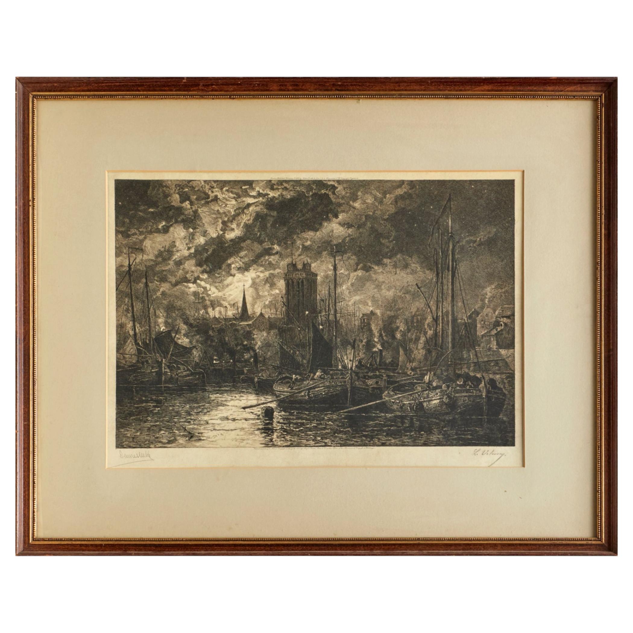 19th C. Maritime Copperplate Engraving of Fishing Boats at Dawn, Published 1886