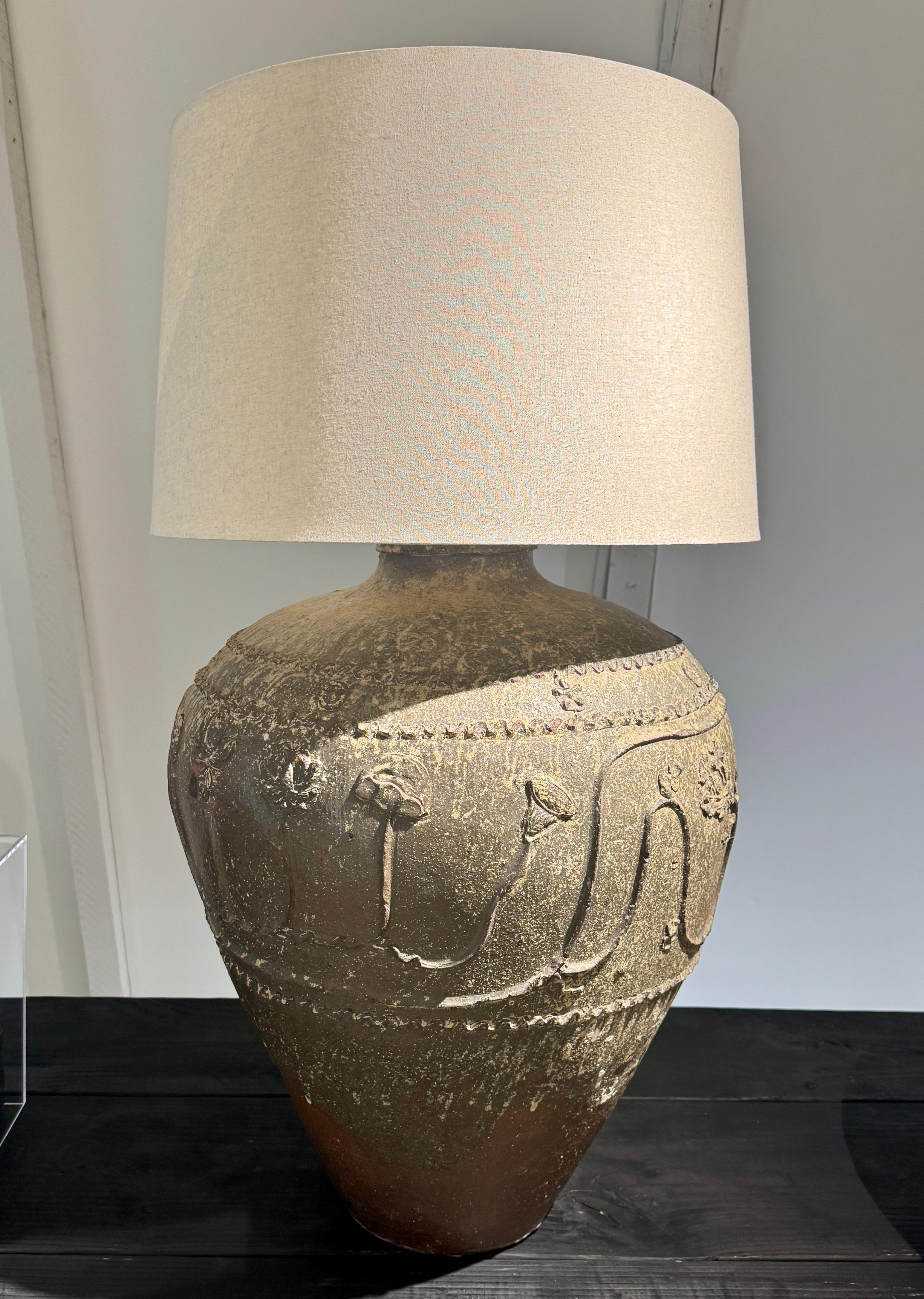 19th C Massive Chinese Lotus Ceramic Grain Vessel Lamp For Sale 5
