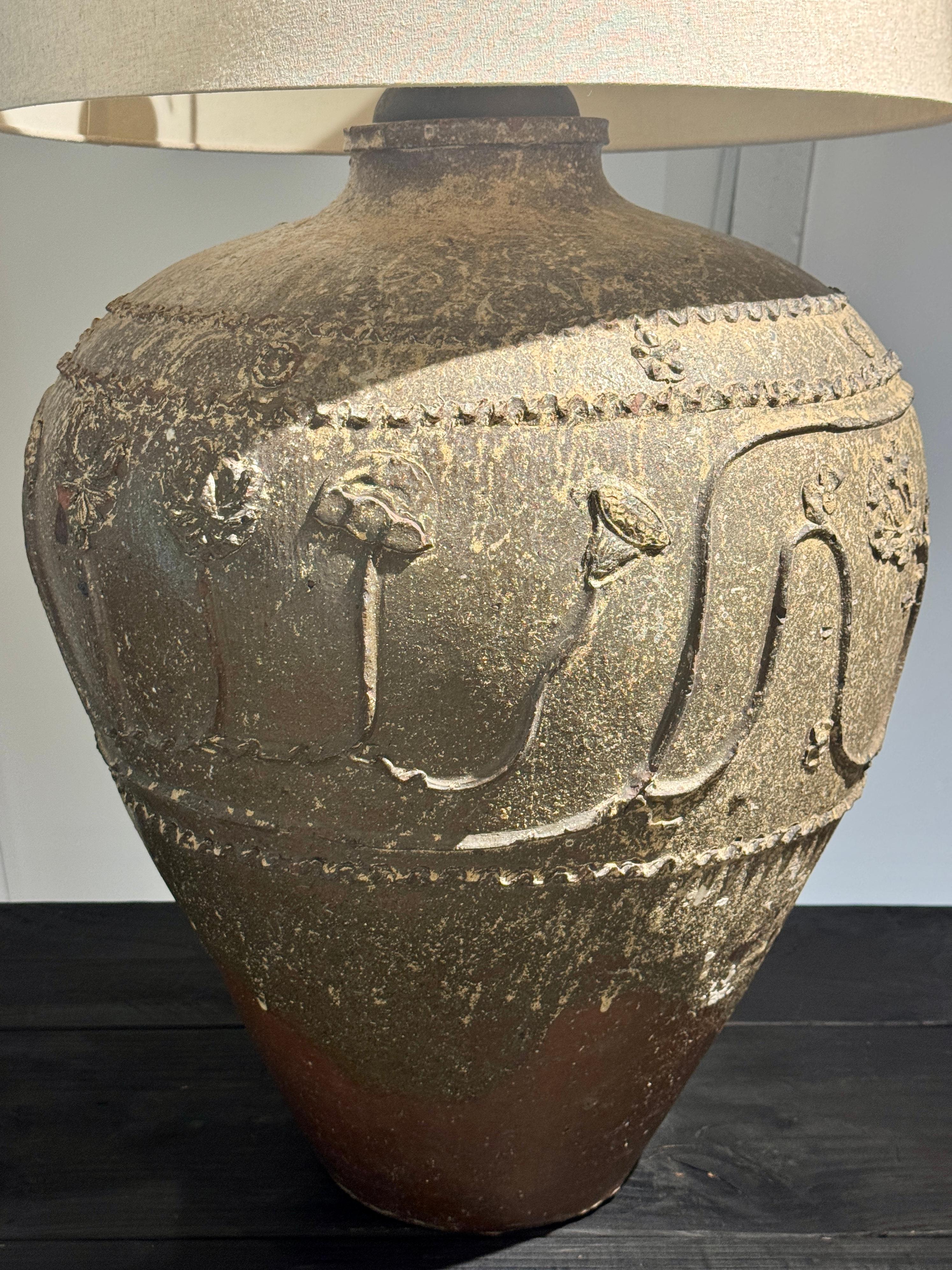 Glazed 19th C Massive Chinese Lotus Ceramic Grain Vessel Lamp For Sale