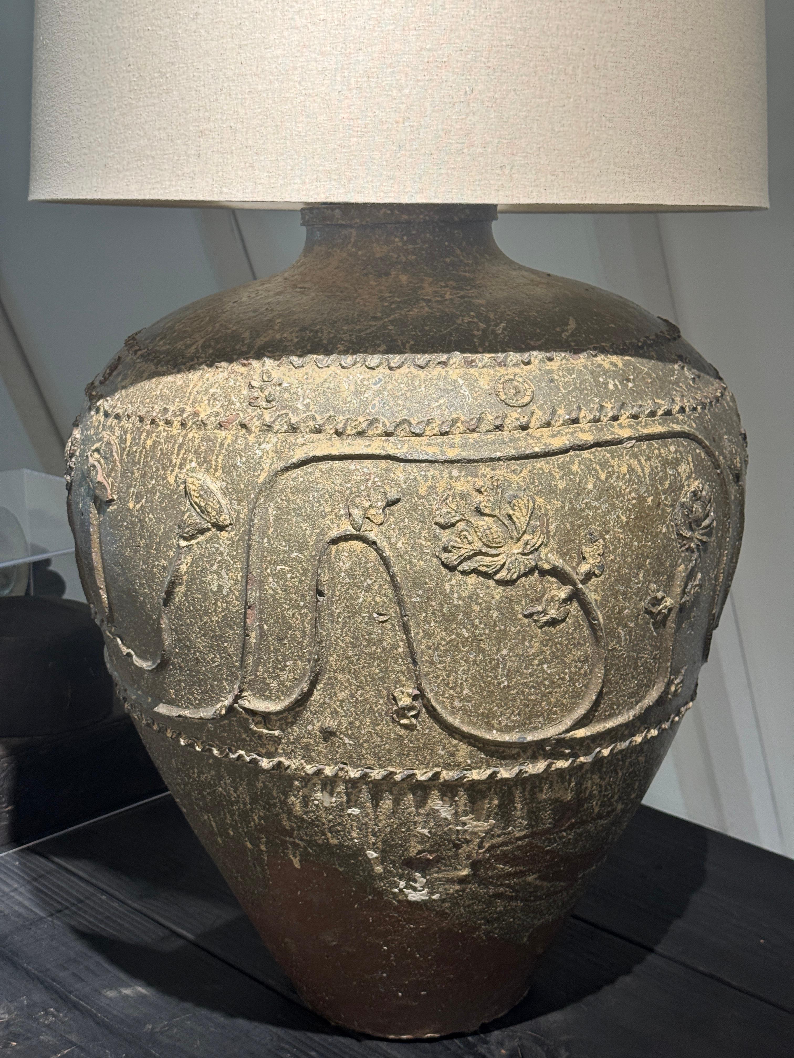 19th C Massive Chinese Lotus Ceramic Grain Vessel Lamp In Good Condition For Sale In Wainscott, NY