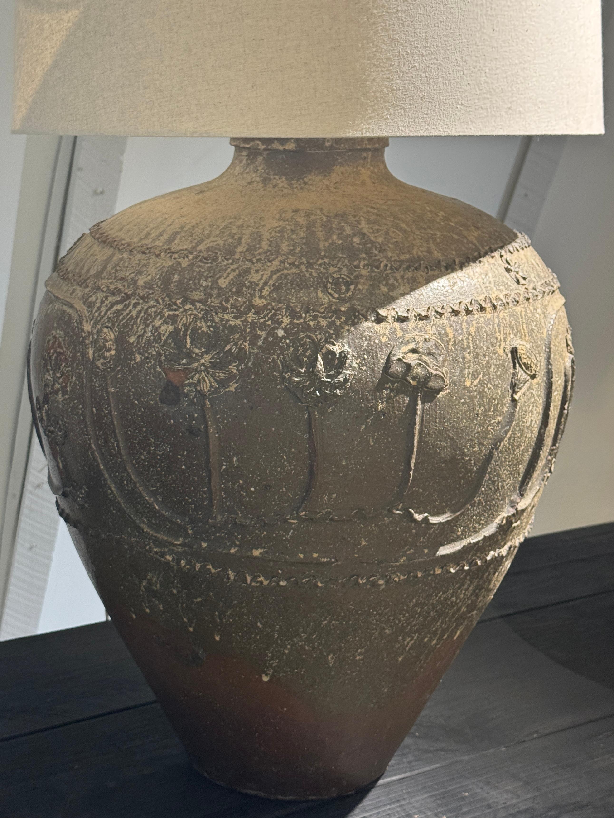 19th Century 19th C Massive Chinese Lotus Ceramic Grain Vessel Lamp For Sale