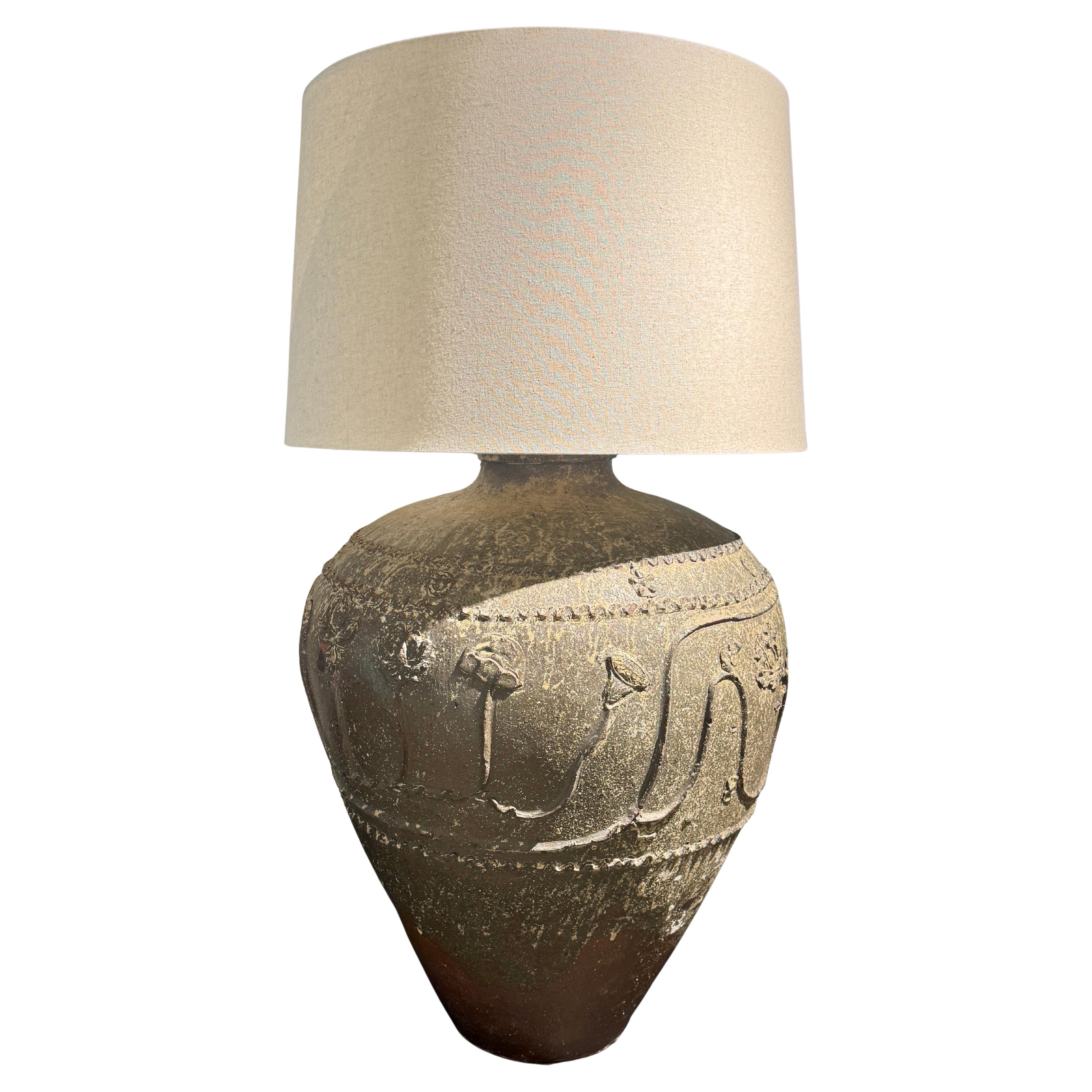 19th C Massive Chinese Lotus Ceramic Grain Vessel Lamp For Sale
