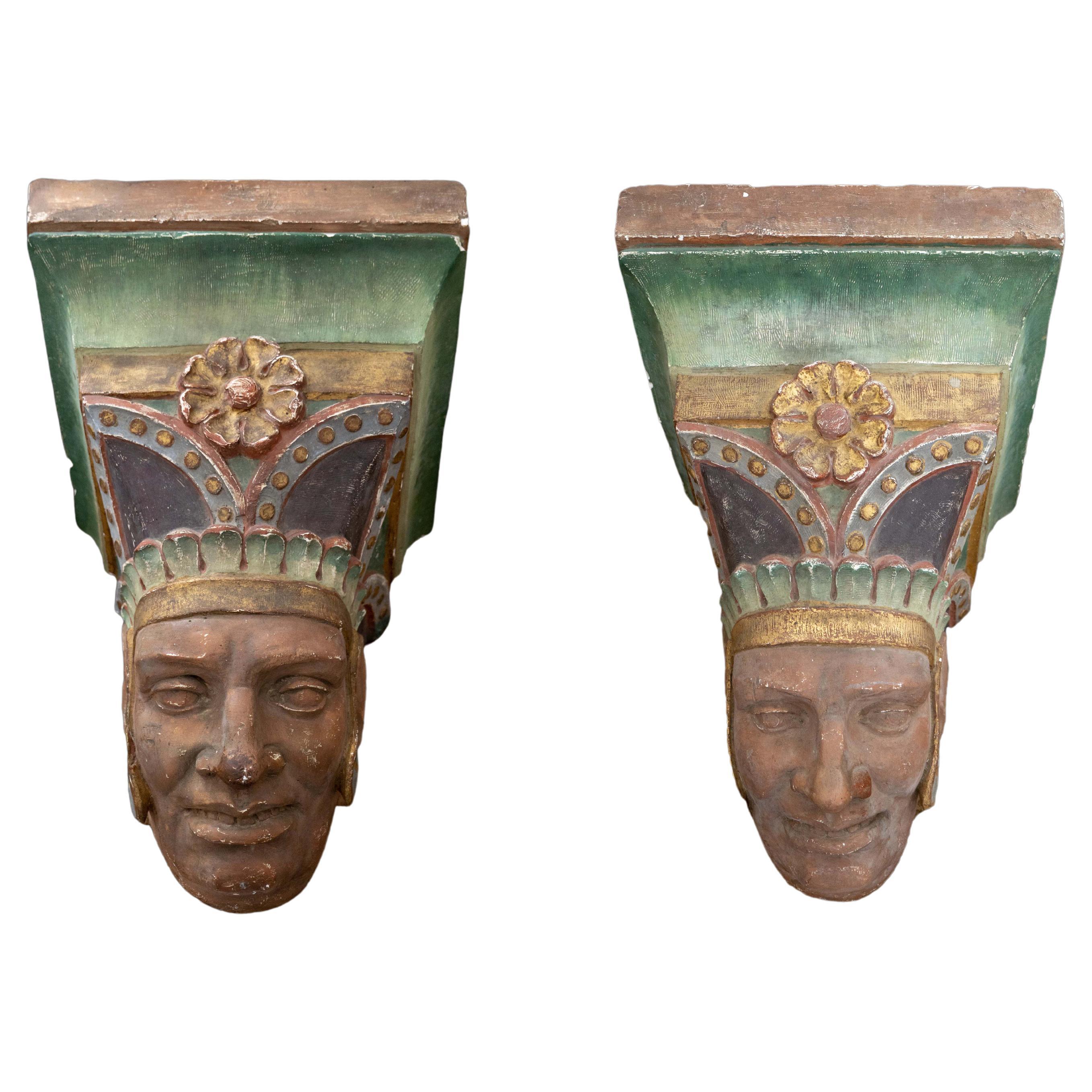 19th C Massive Pair of French "Incas" Plaster Wall Brackets from Bordeaux