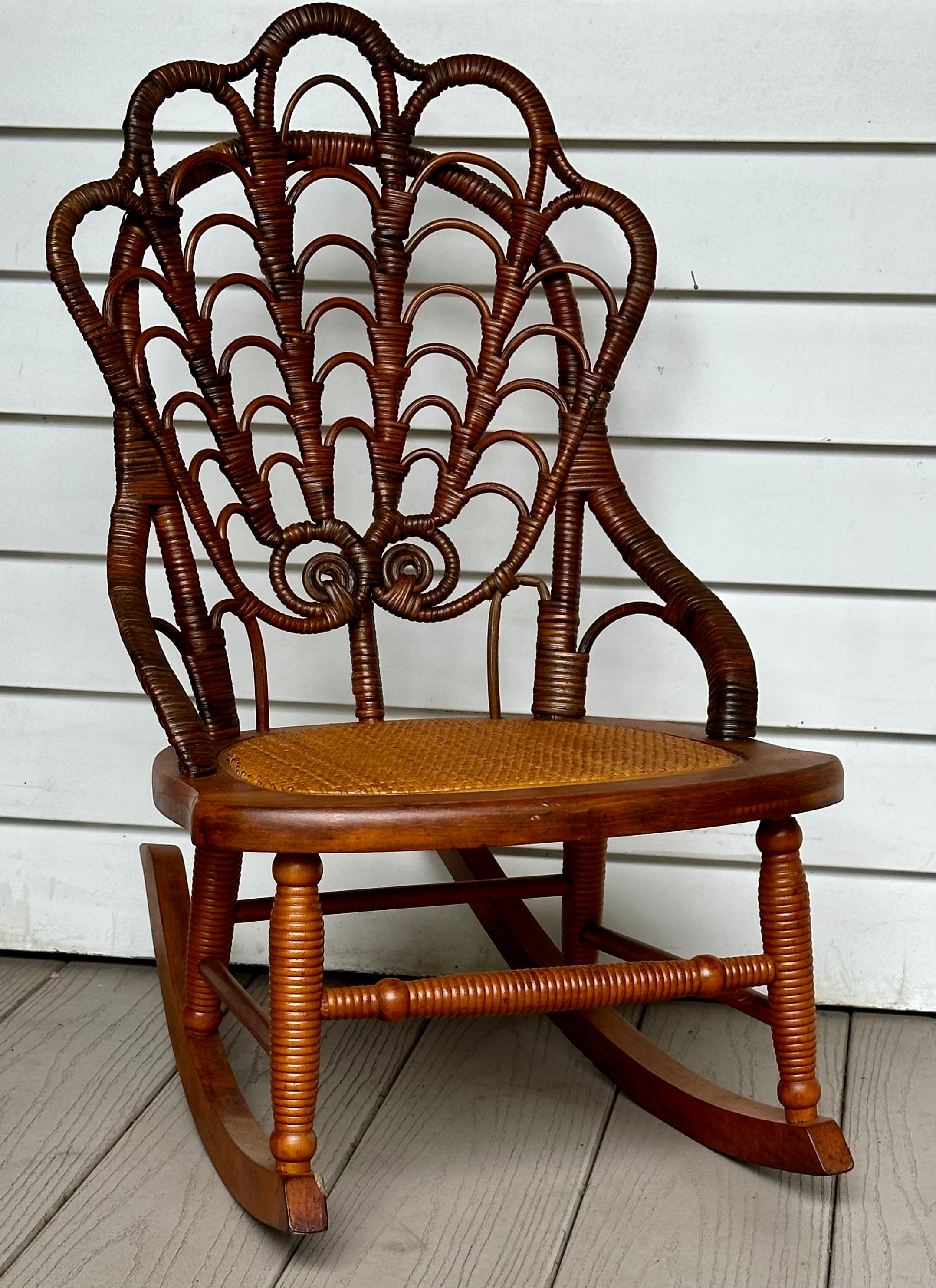 19th C. matching wicker shell back design adult and child size rocking chairs For Sale 3