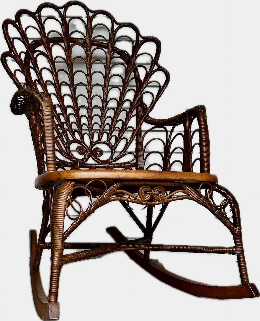 Victorian 19th C. matching wicker shell back design adult and child size rocking chairs For Sale