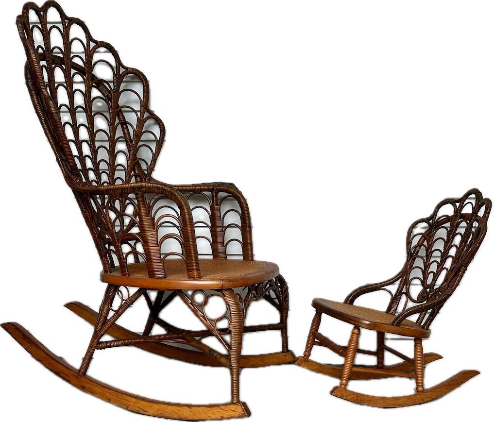 American 19th C. matching wicker shell back design adult and child size rocking chairs For Sale