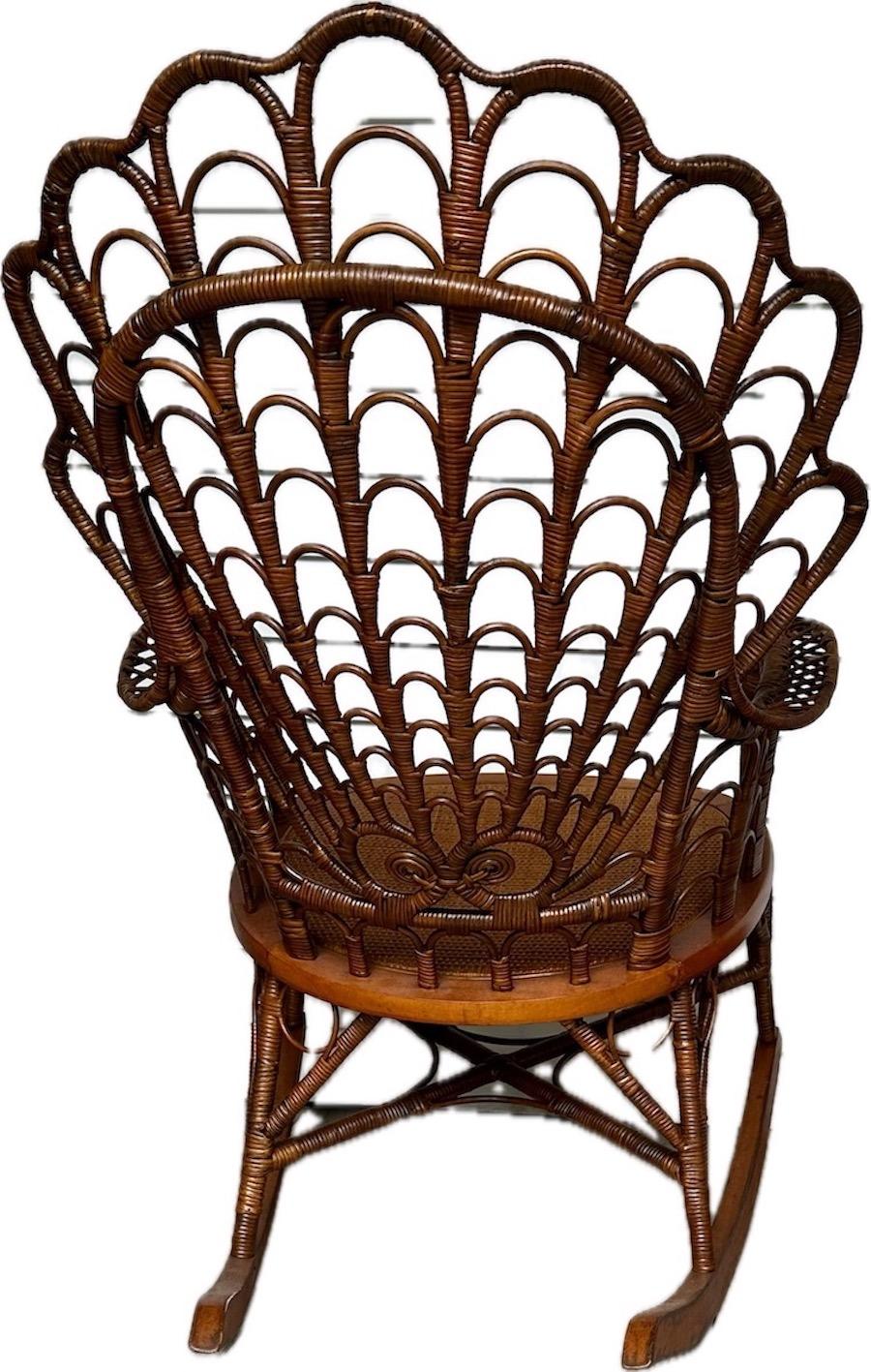 American 19th C. matching wicker shell back design adult and child size rocking chairs For Sale