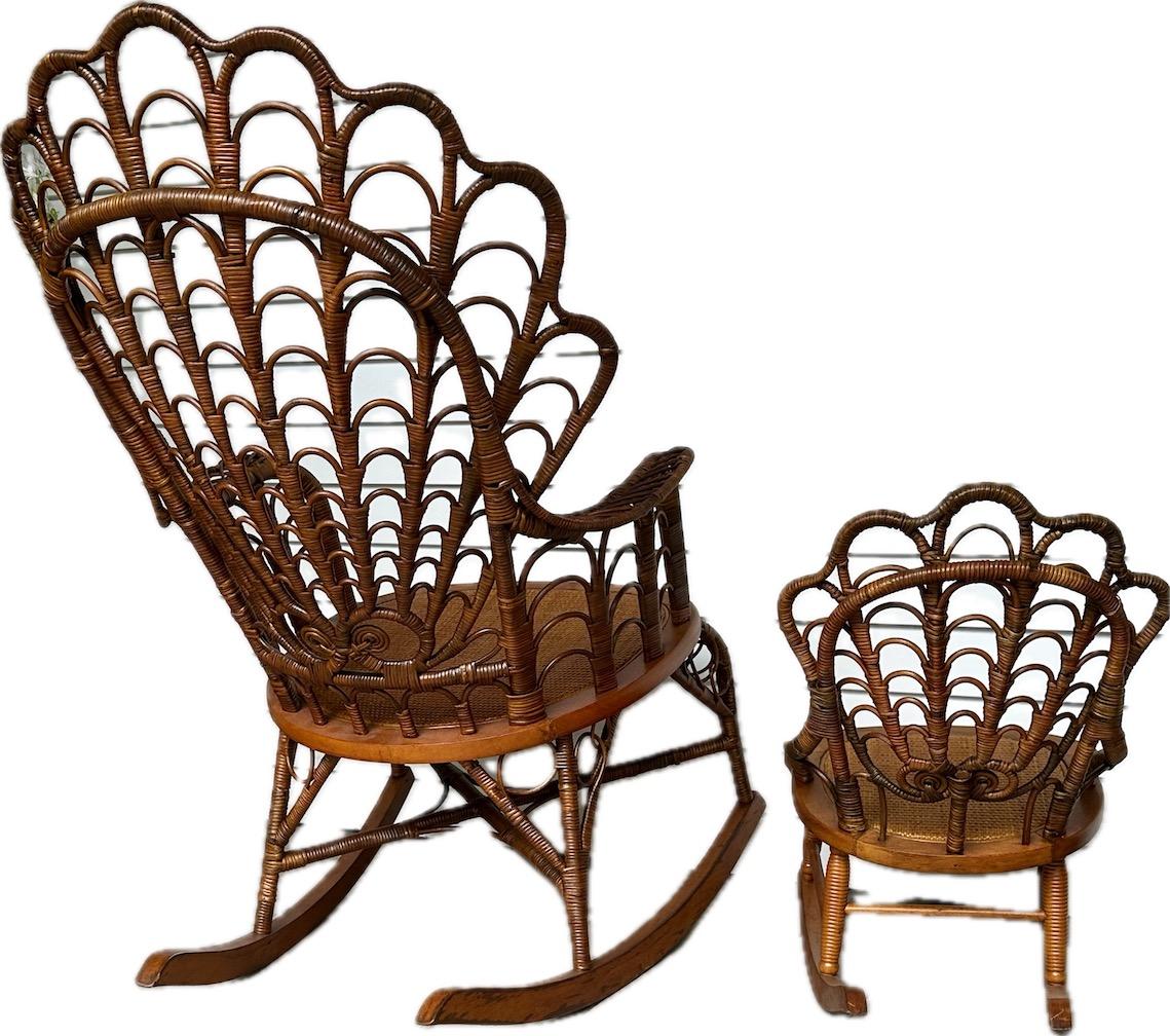 Late 19th Century 19th C. matching wicker shell back design adult and child size rocking chairs For Sale