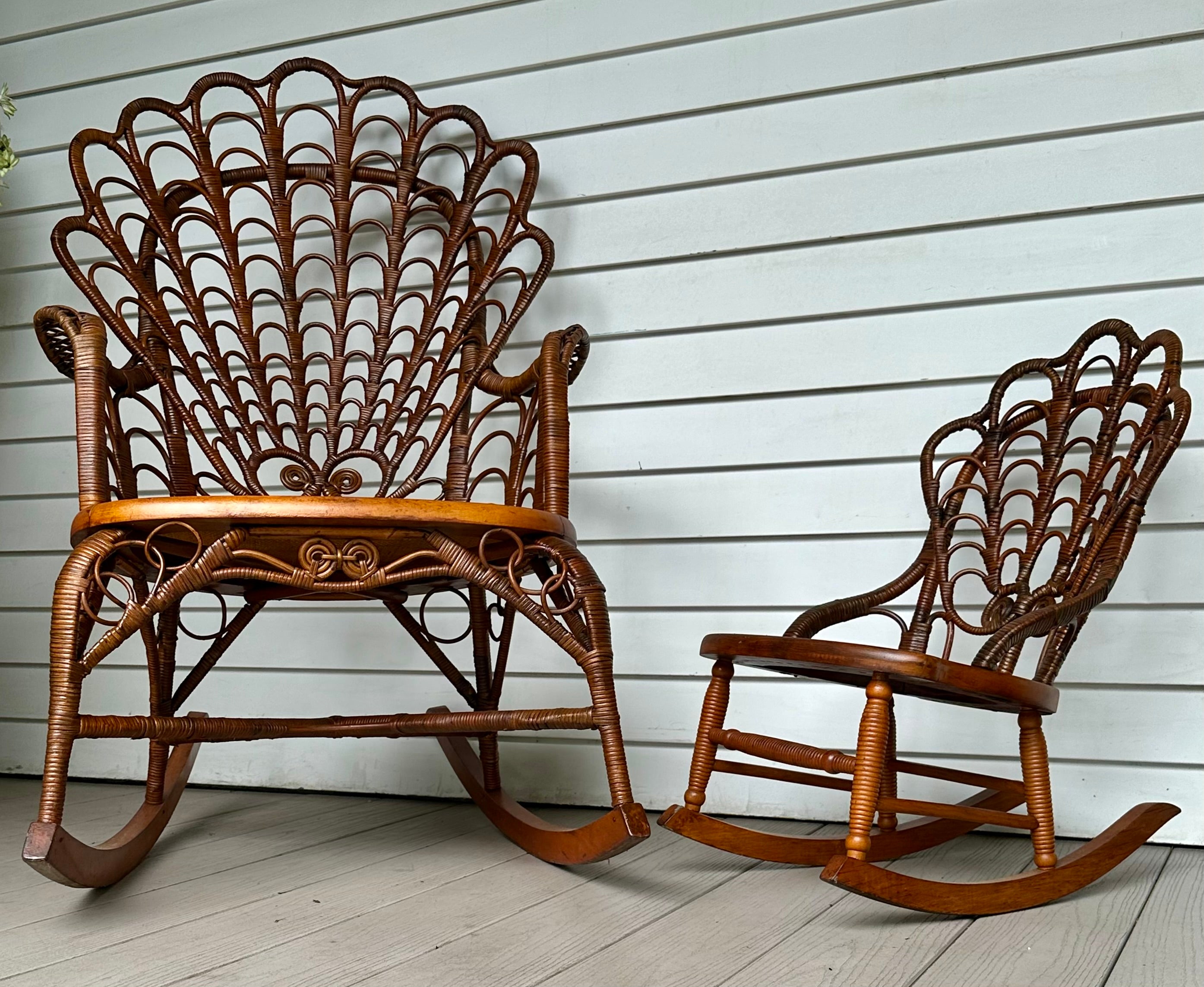 Wicker 19th C. matching wicker shell back design adult and child size rocking chairs For Sale