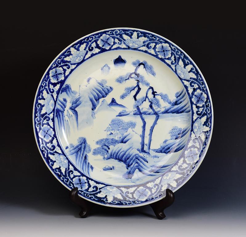 Hand-Painted 19th C., Meiji, a Pair of Antique Japanese Porcelain Blue and White Charger Dish For Sale