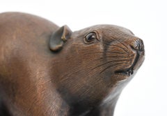 19th C., Meiji, Antique Japanese Bronze Animal Rat / Mouse Holding A Chestnut