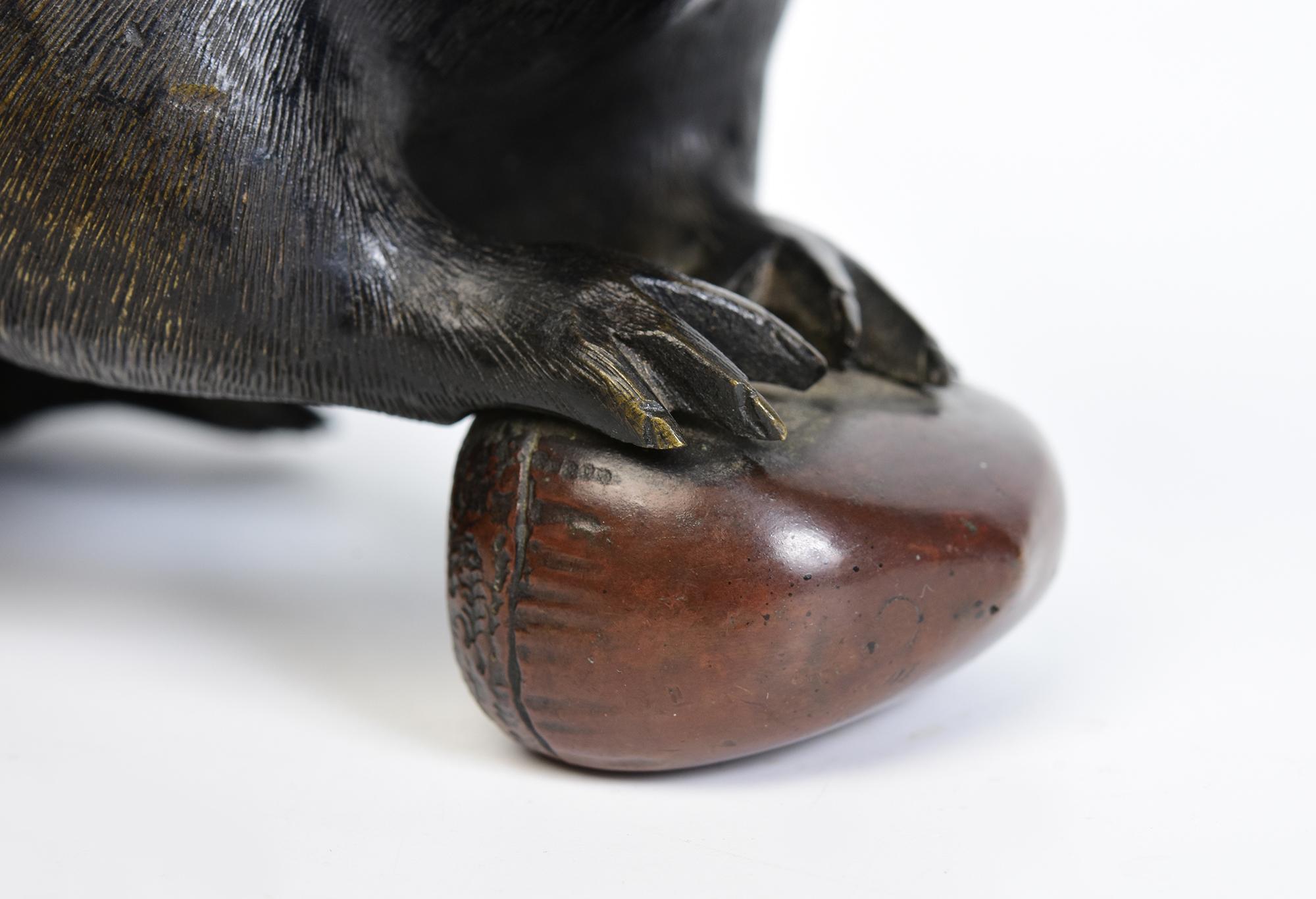 Metalwork 19th C., Meiji, Antique Japanese Bronze Animal Rat / Mouse Holding A Chestnut For Sale