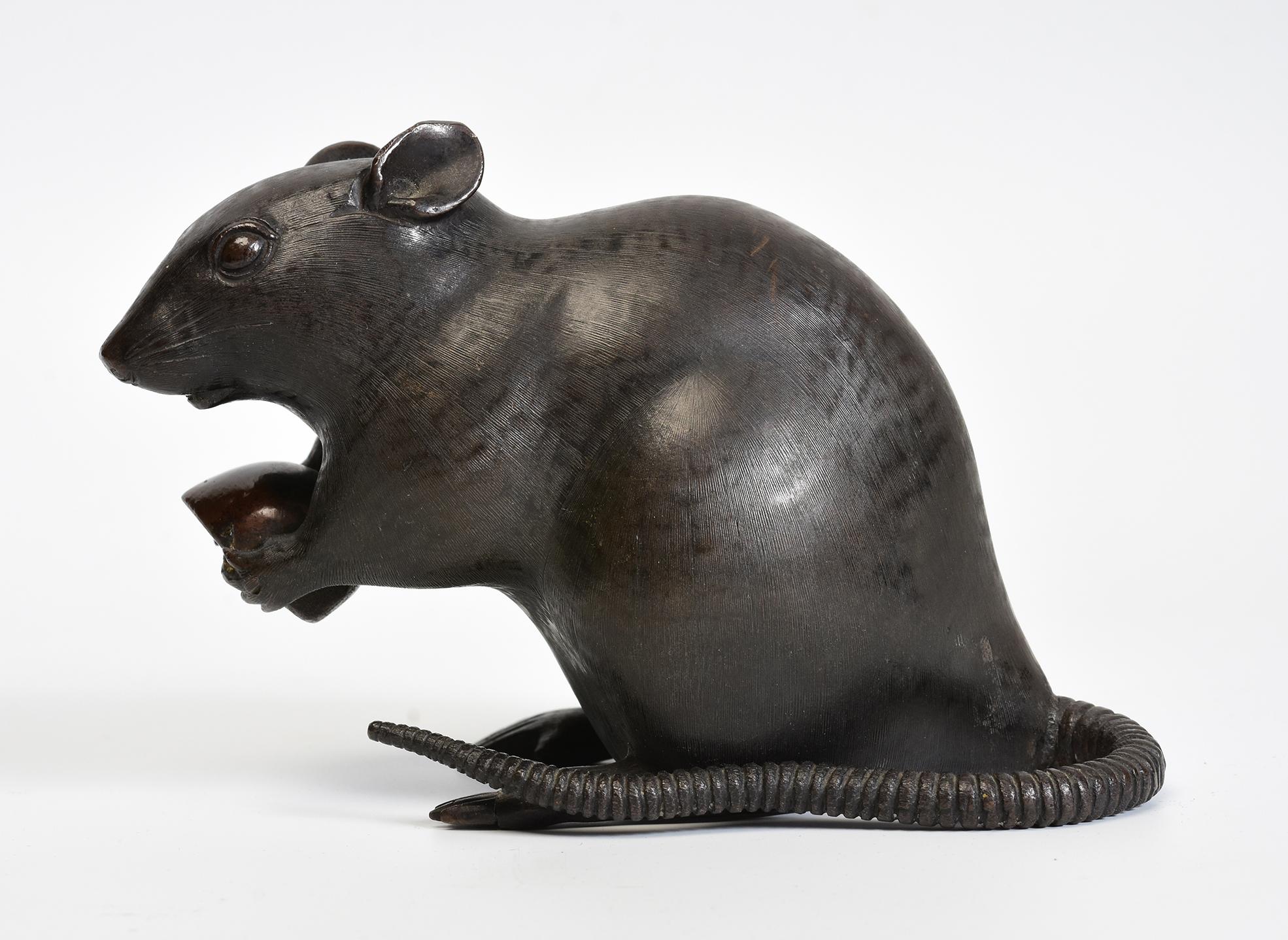 Metalwork 19th C., Meiji, Antique Japanese Bronze Animal Rat / Mouse Holding A Chestnut For Sale