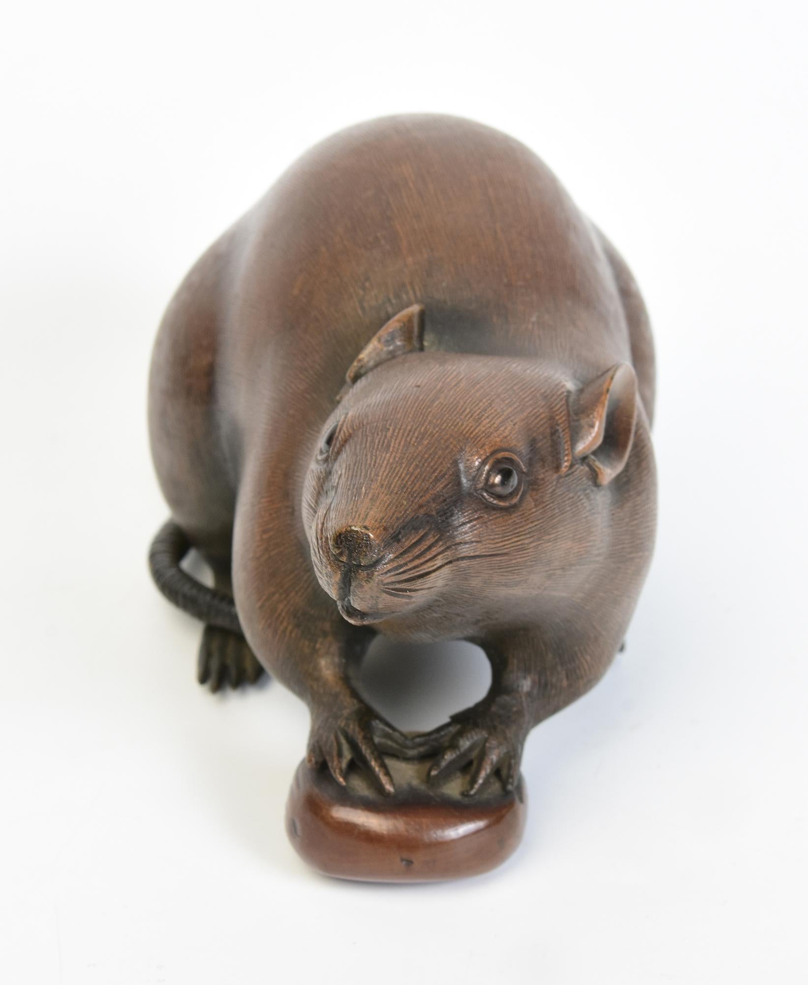 19th C., Meiji, Antique Japanese Bronze Animal Rat / Mouse Holding A Chestnut In Good Condition For Sale In Sampantawong, TH