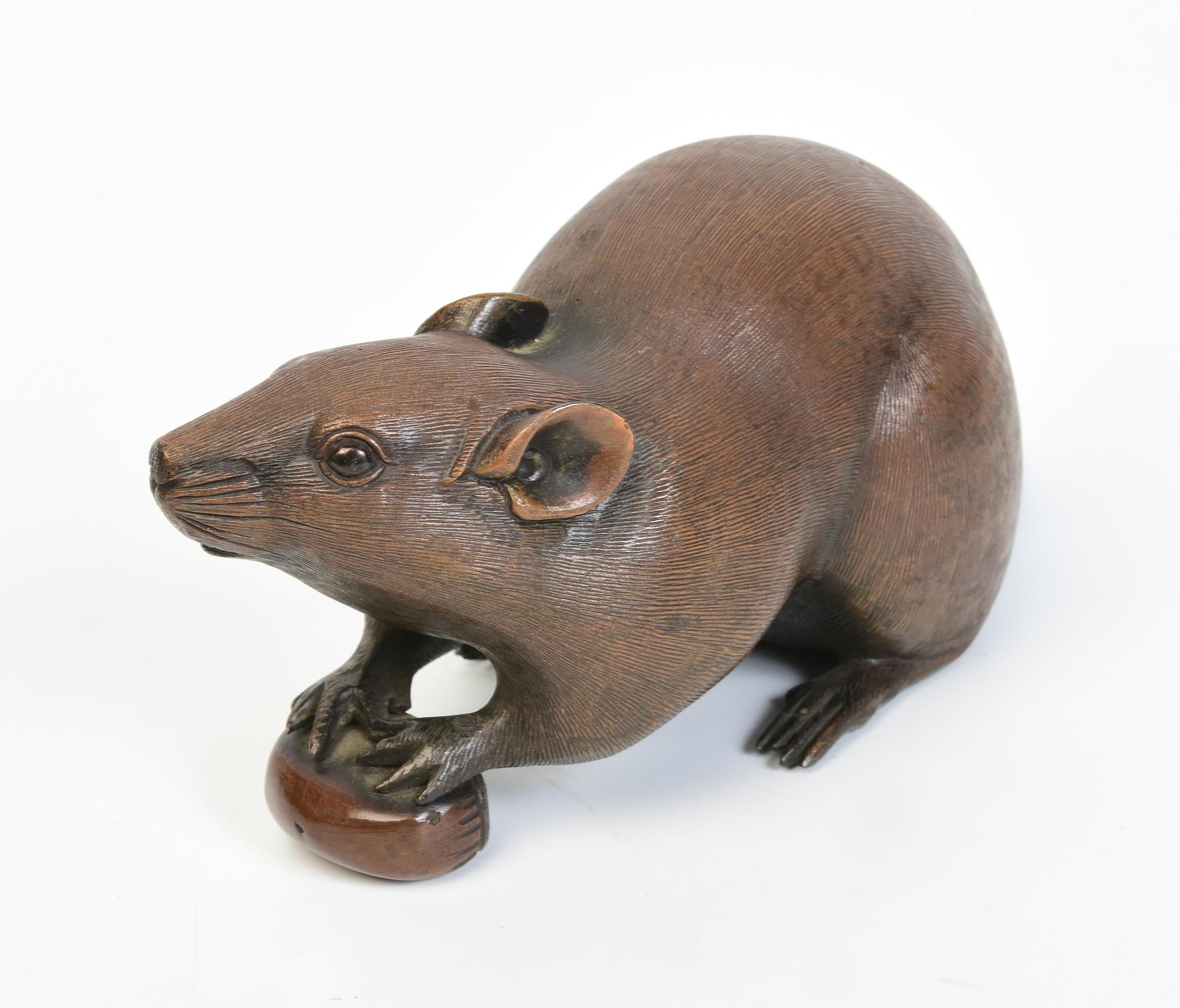 19th Century 19th C., Meiji, Antique Japanese Bronze Animal Rat / Mouse Holding A Chestnut For Sale