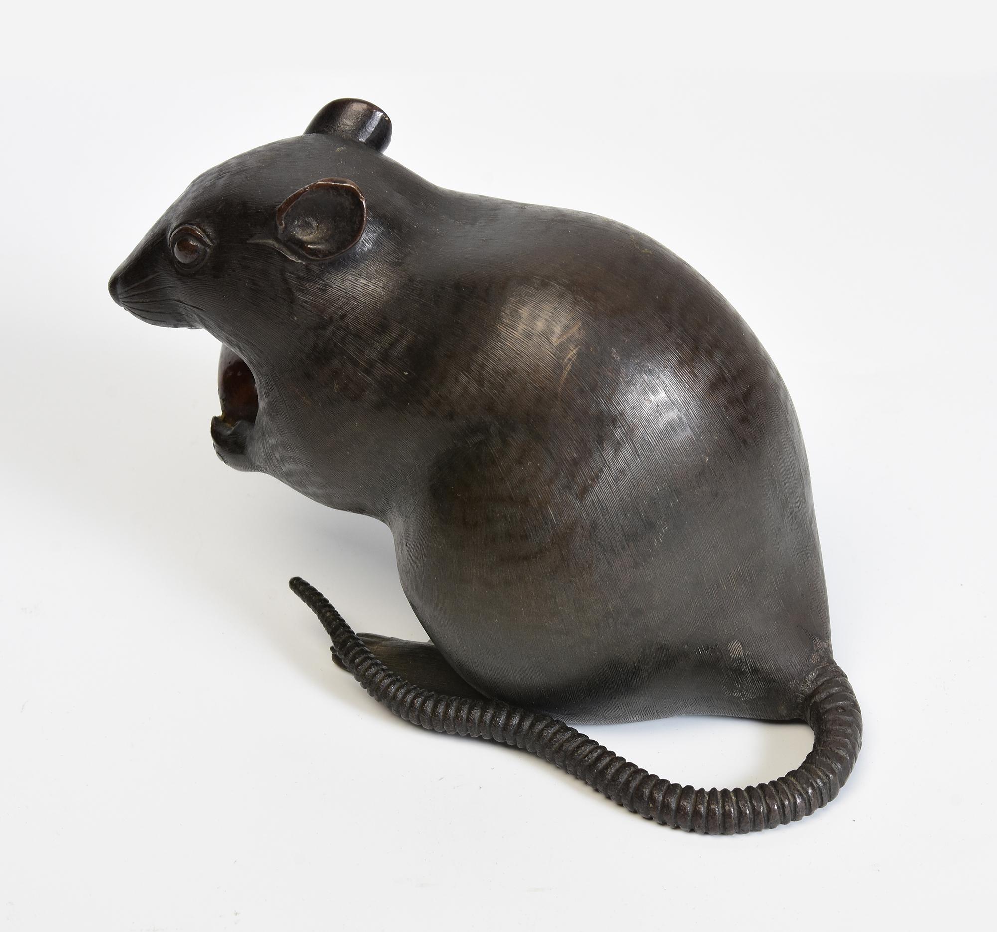 19th Century 19th C., Meiji, Antique Japanese Bronze Animal Rat / Mouse Holding A Chestnut For Sale