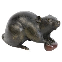 19th C., Meiji, Antique Japanese Bronze Animal Rat / Mouse Holding A Chestnut