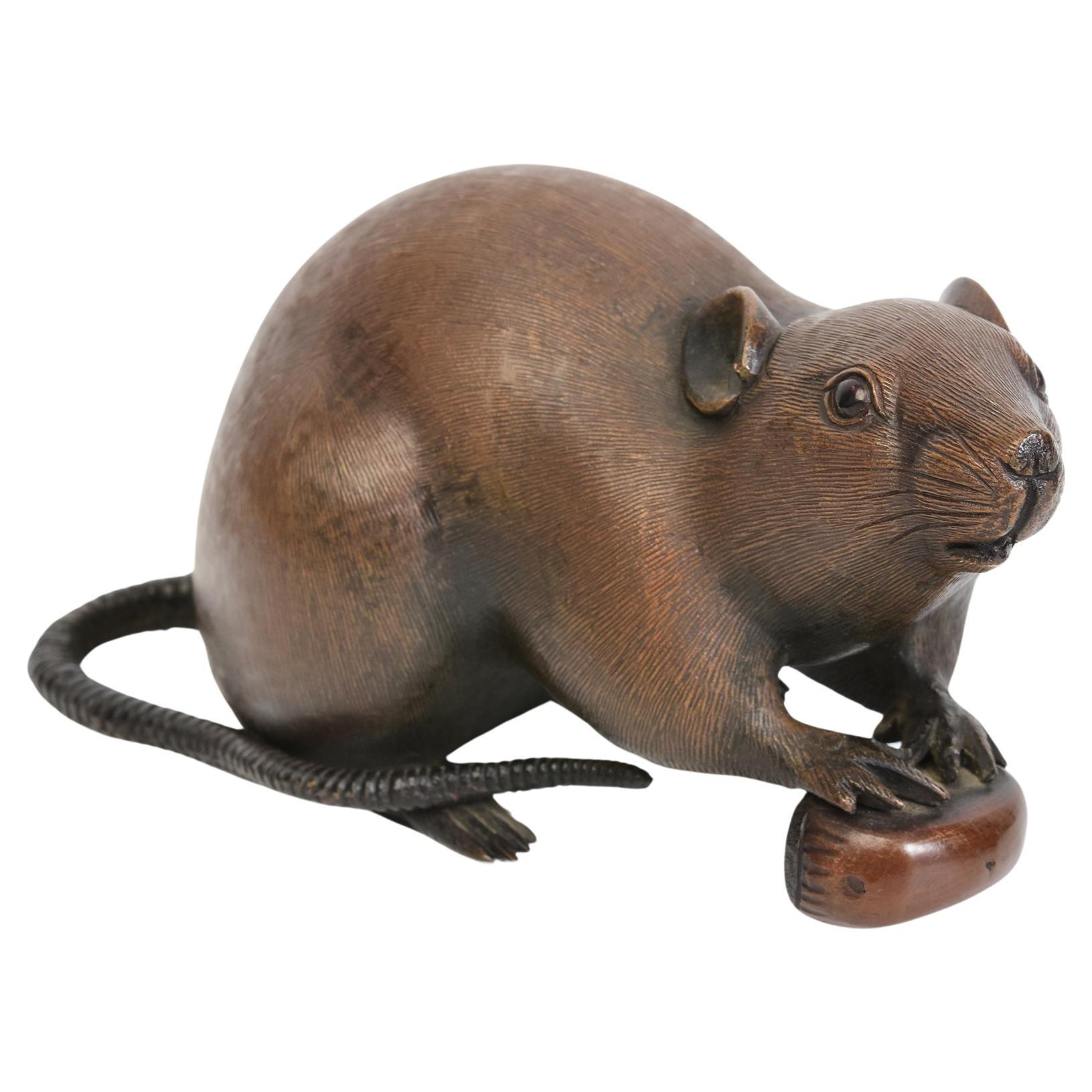 19th C., Meiji, Antique Japanese Bronze Animal Rat / Mouse Holding A Chestnut