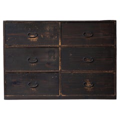 19th C Meiji Japanese Antique Black Tansu Chest with 6 Drawers
