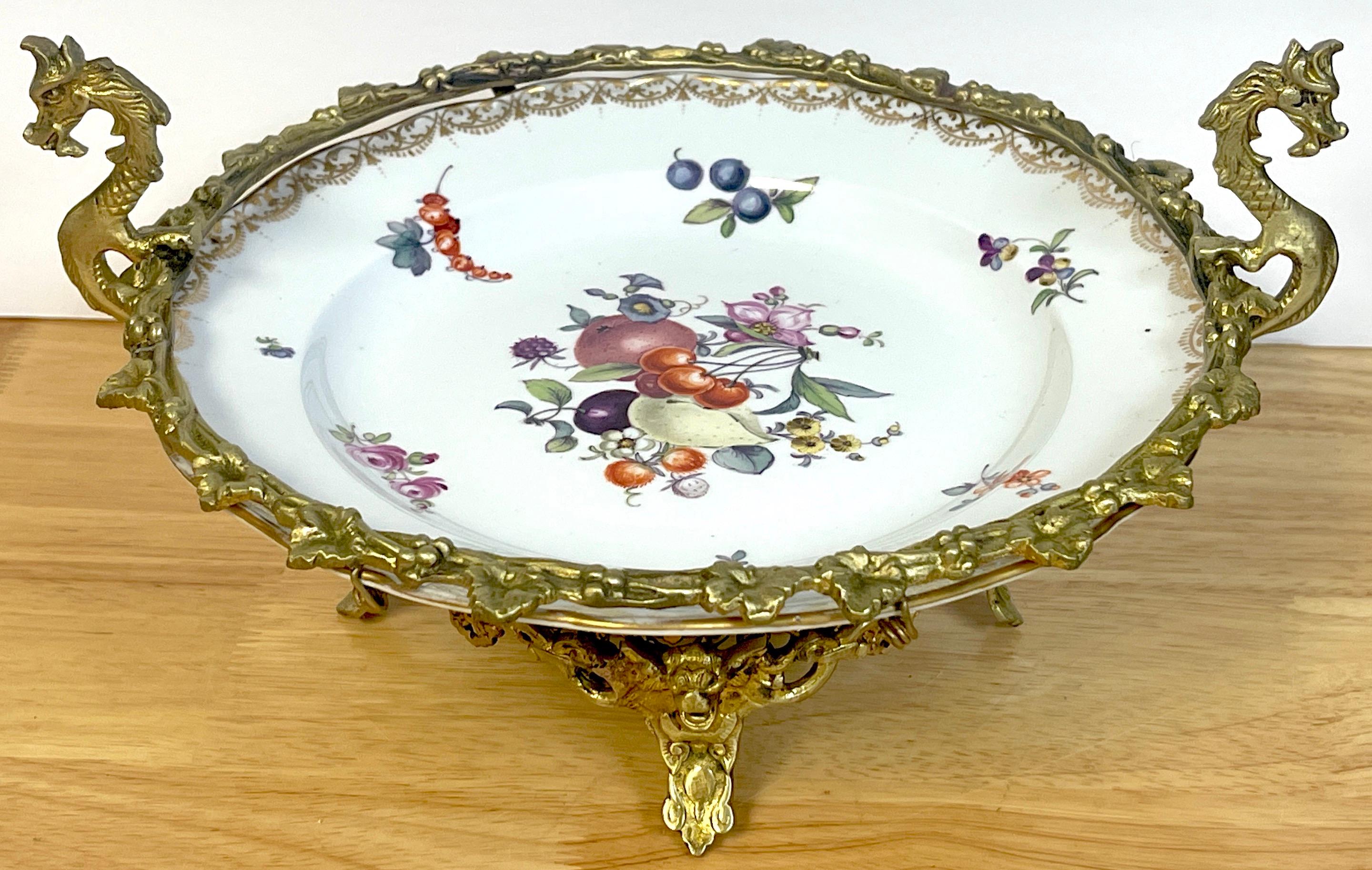 Hand-Painted 19th C Meissen Fruit & Flower Motif Ormolu Mounted Tazza For Sale