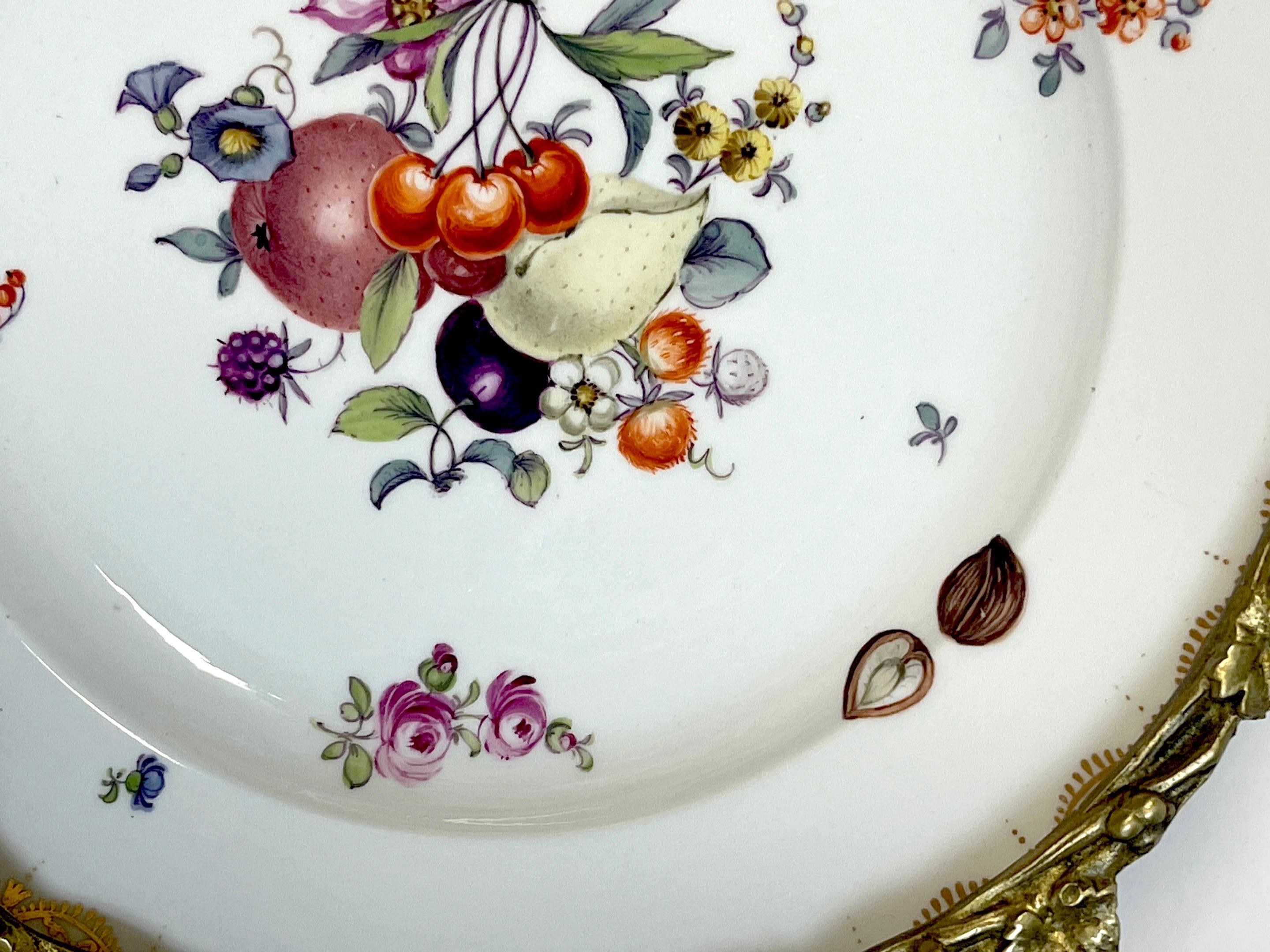 Porcelain 19th C Meissen Fruit & Flower Motif Ormolu Mounted Tazza For Sale