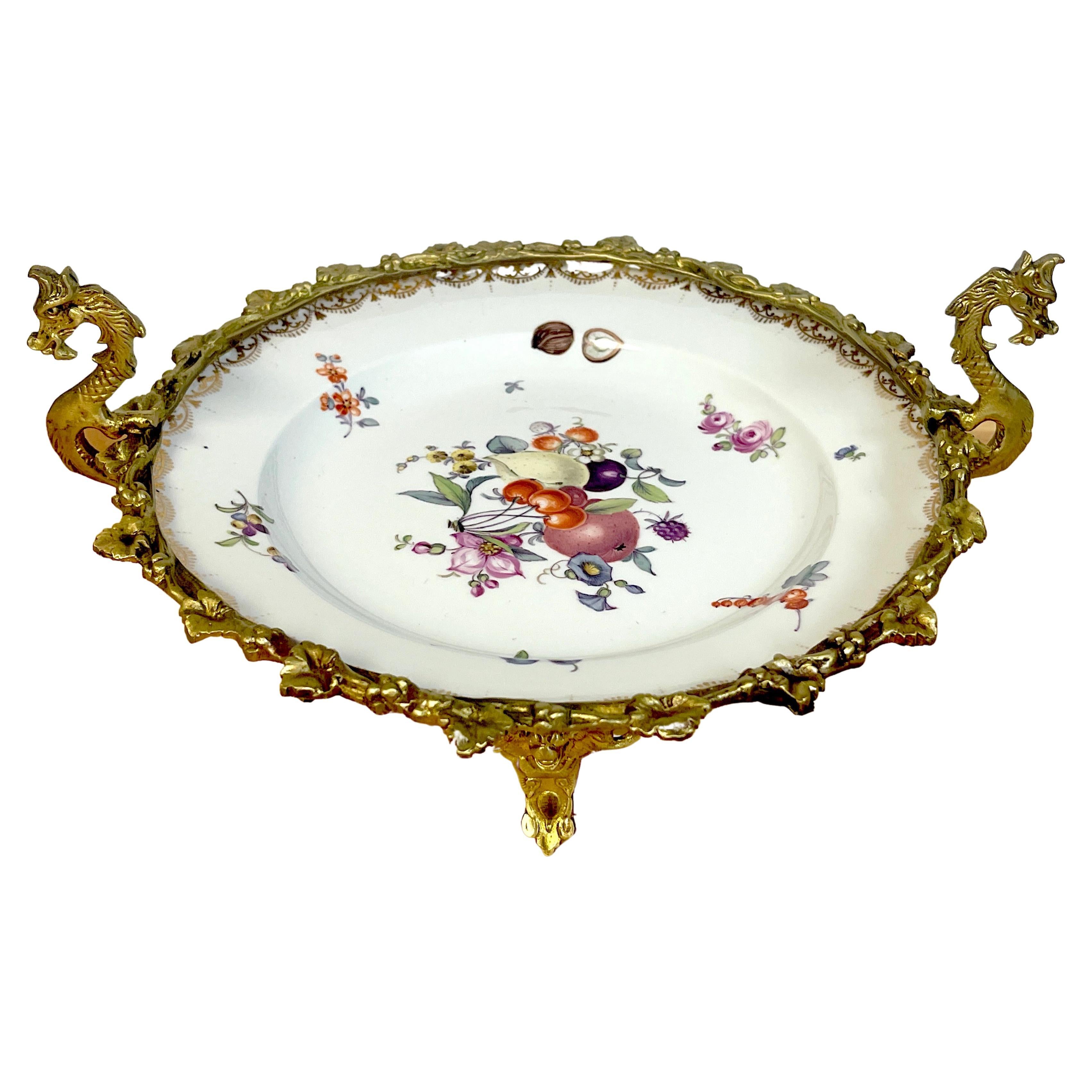 19th C Meissen Fruit & Flower Motif Ormolu Mounted Tazza For Sale