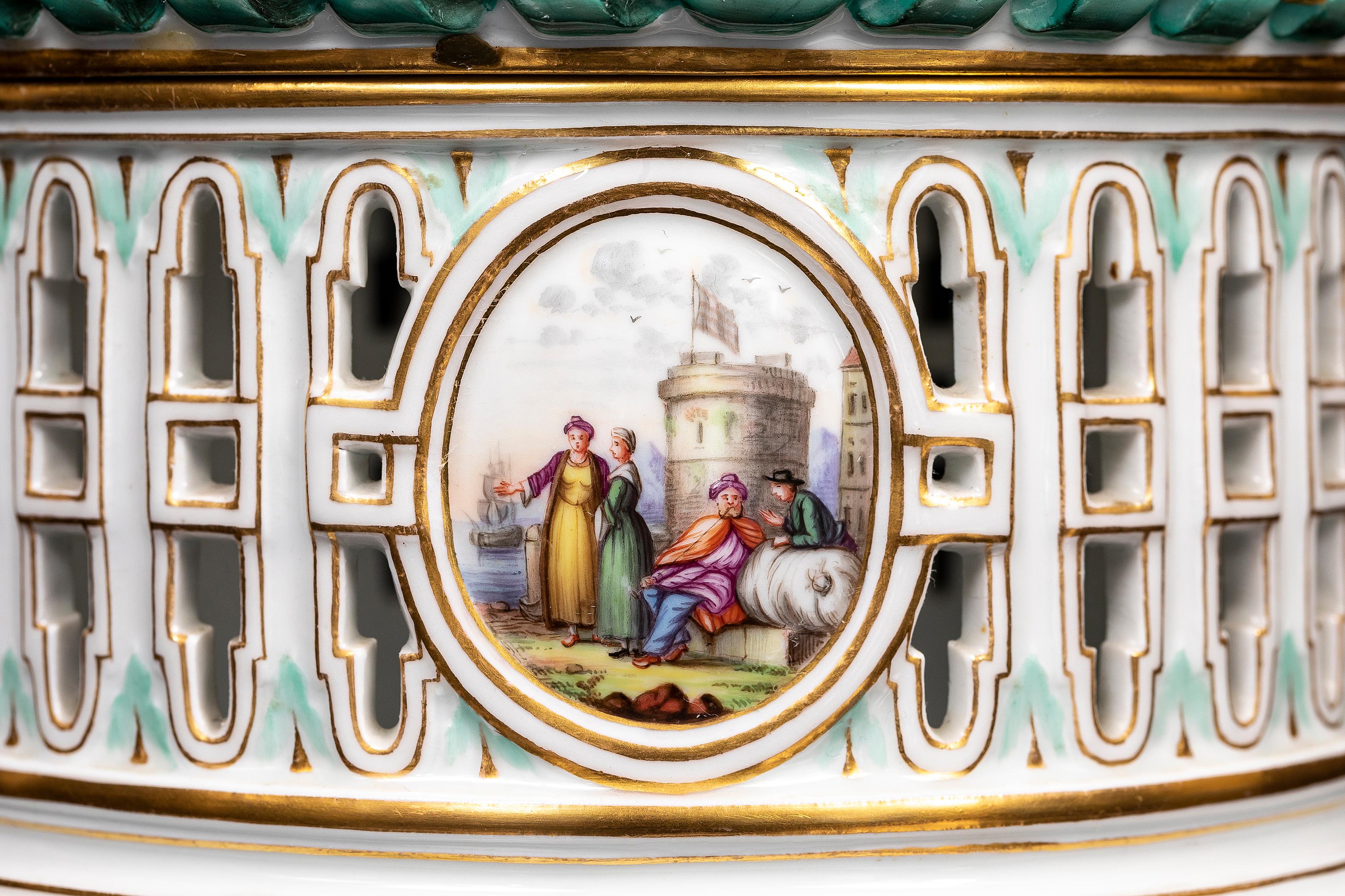 19th C Meissen Porcelain Covered Openwork Filigree Centerpiece w/ Watteau Scenes For Sale 3