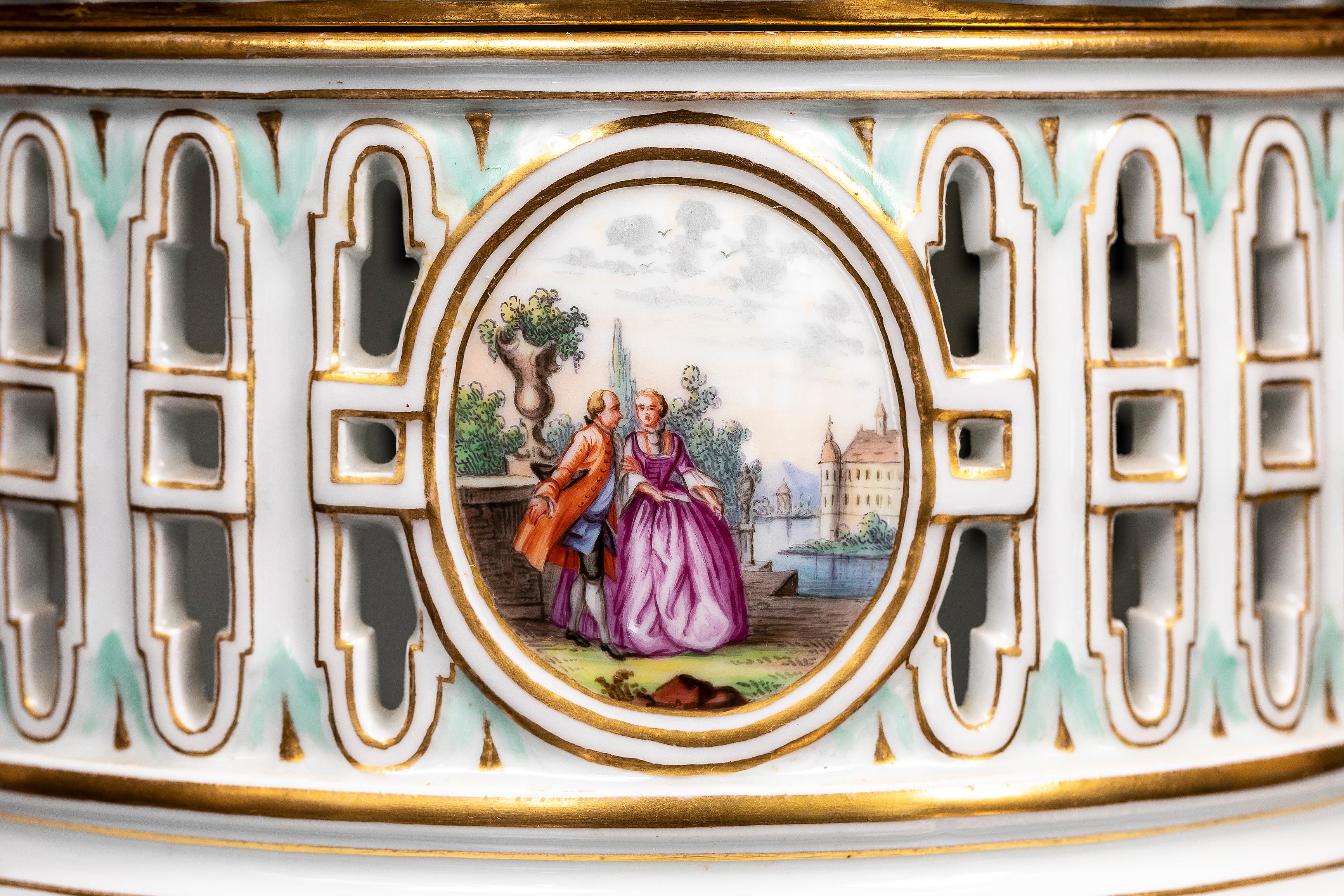 19th C Meissen Porcelain Covered Openwork Filigree Centerpiece w/ Watteau Scenes For Sale 4