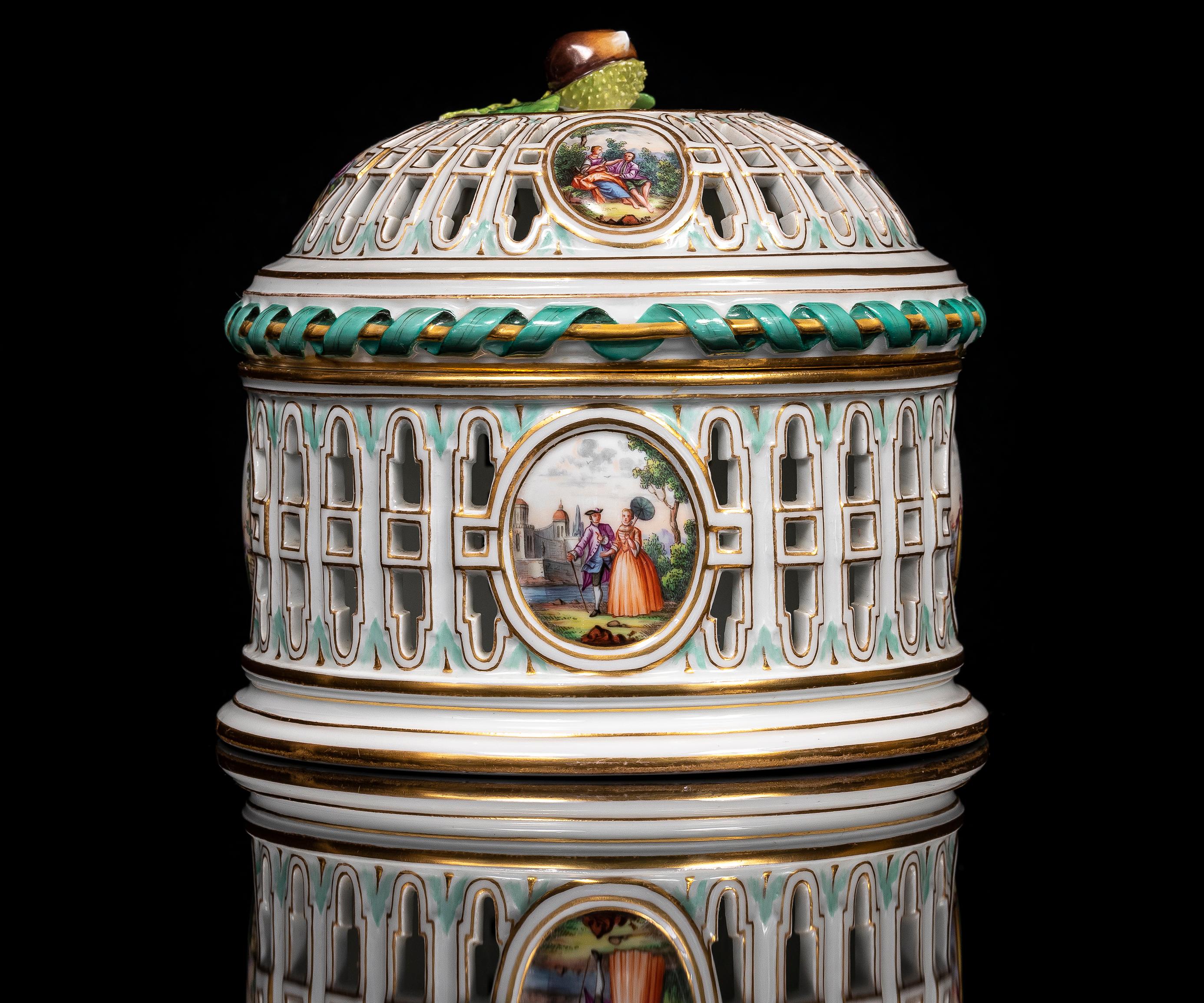 Rococo 19th C Meissen Porcelain Covered Openwork Filigree Centerpiece w/ Watteau Scenes For Sale