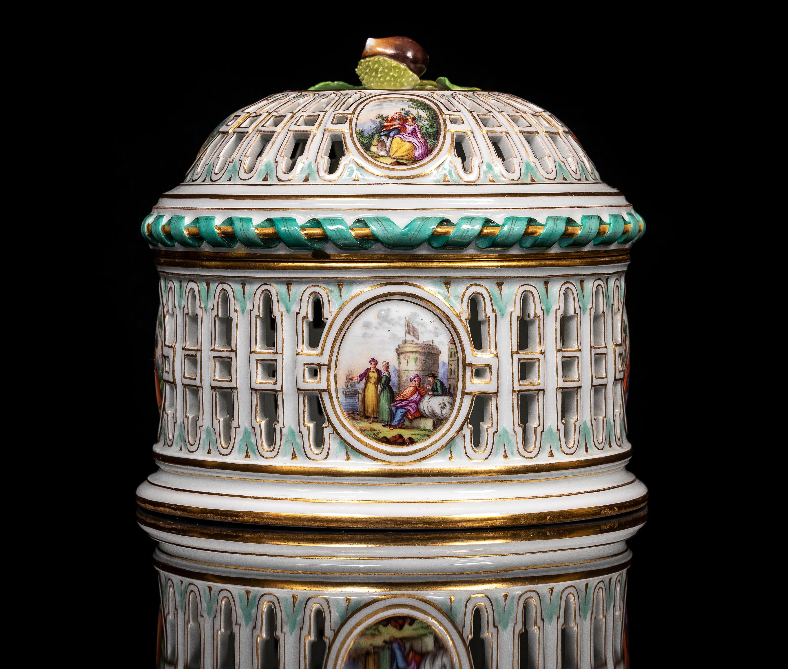German 19th C Meissen Porcelain Covered Openwork Filigree Centerpiece w/ Watteau Scenes For Sale