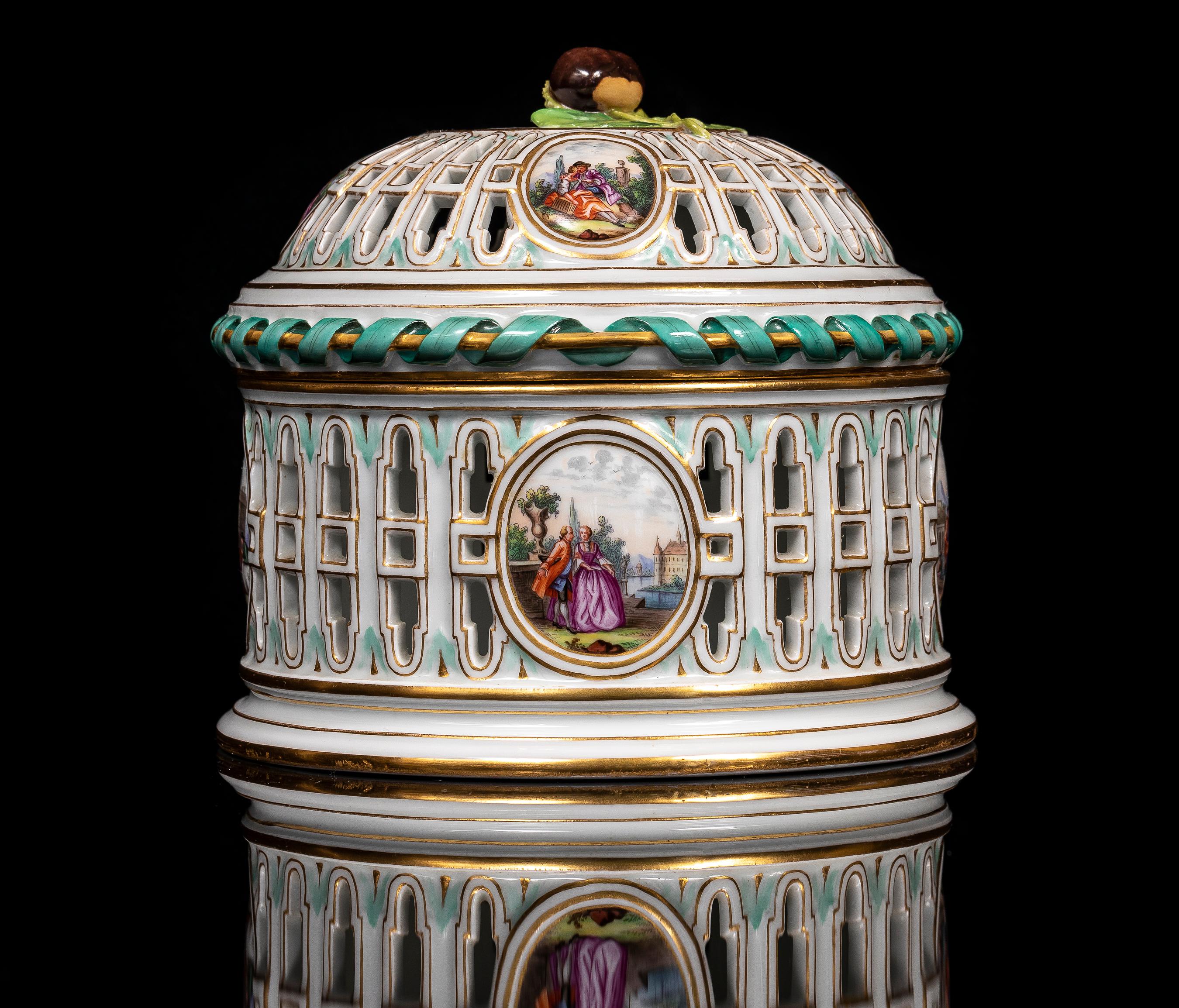Hand-Carved 19th C Meissen Porcelain Covered Openwork Filigree Centerpiece w/ Watteau Scenes For Sale