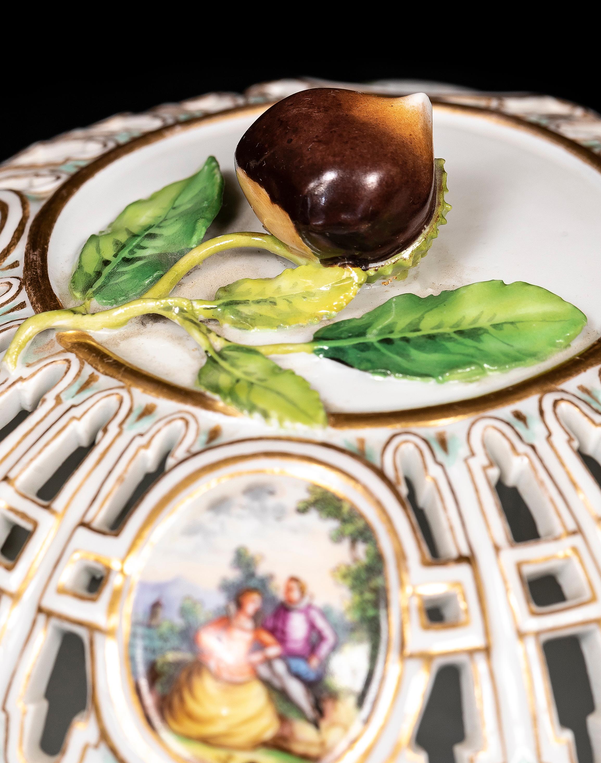 Late 19th Century 19th C Meissen Porcelain Covered Openwork Filigree Centerpiece w/ Watteau Scenes For Sale