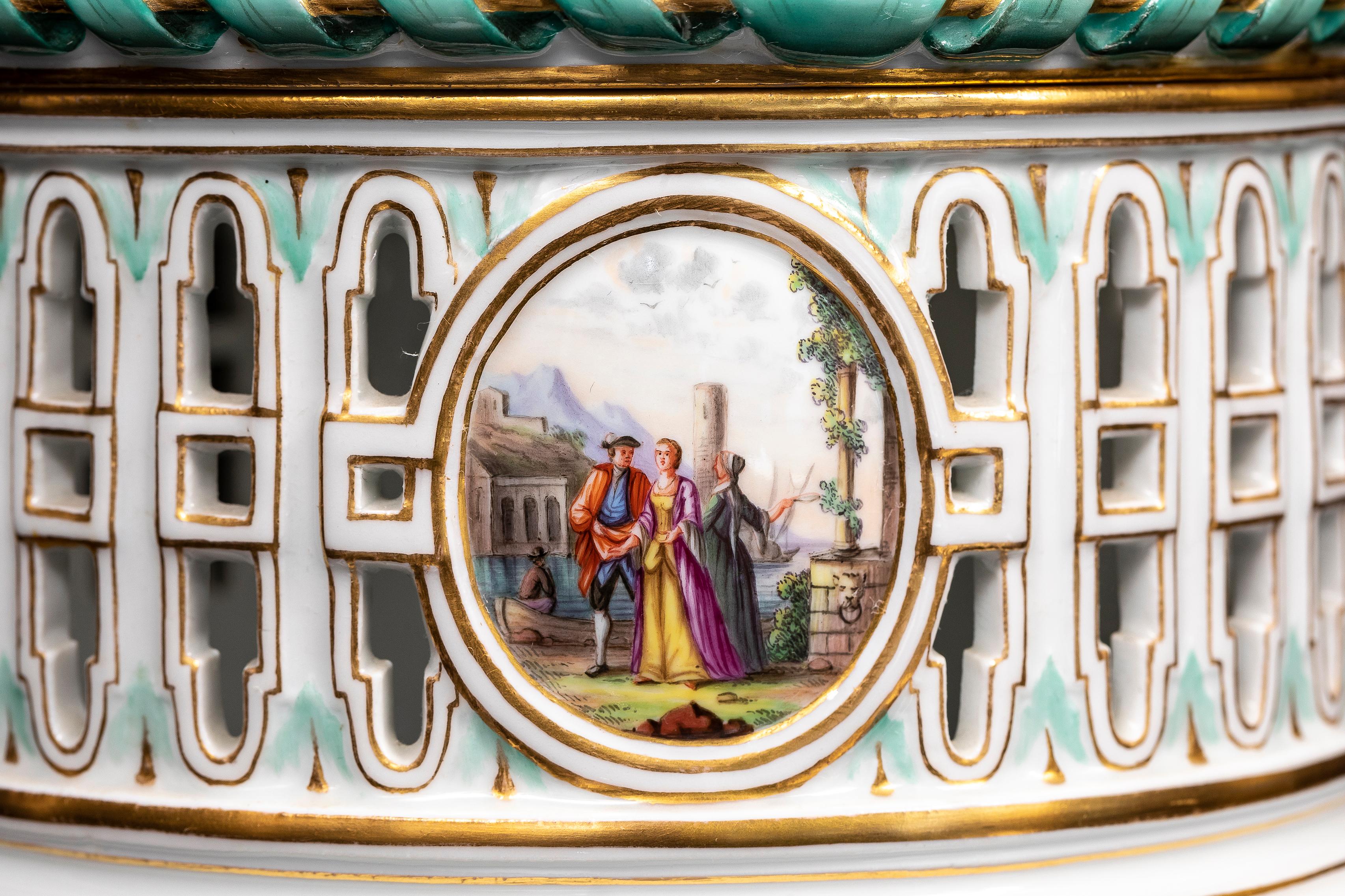 19th C Meissen Porcelain Covered Openwork Filigree Centerpiece w/ Watteau Scenes For Sale 1