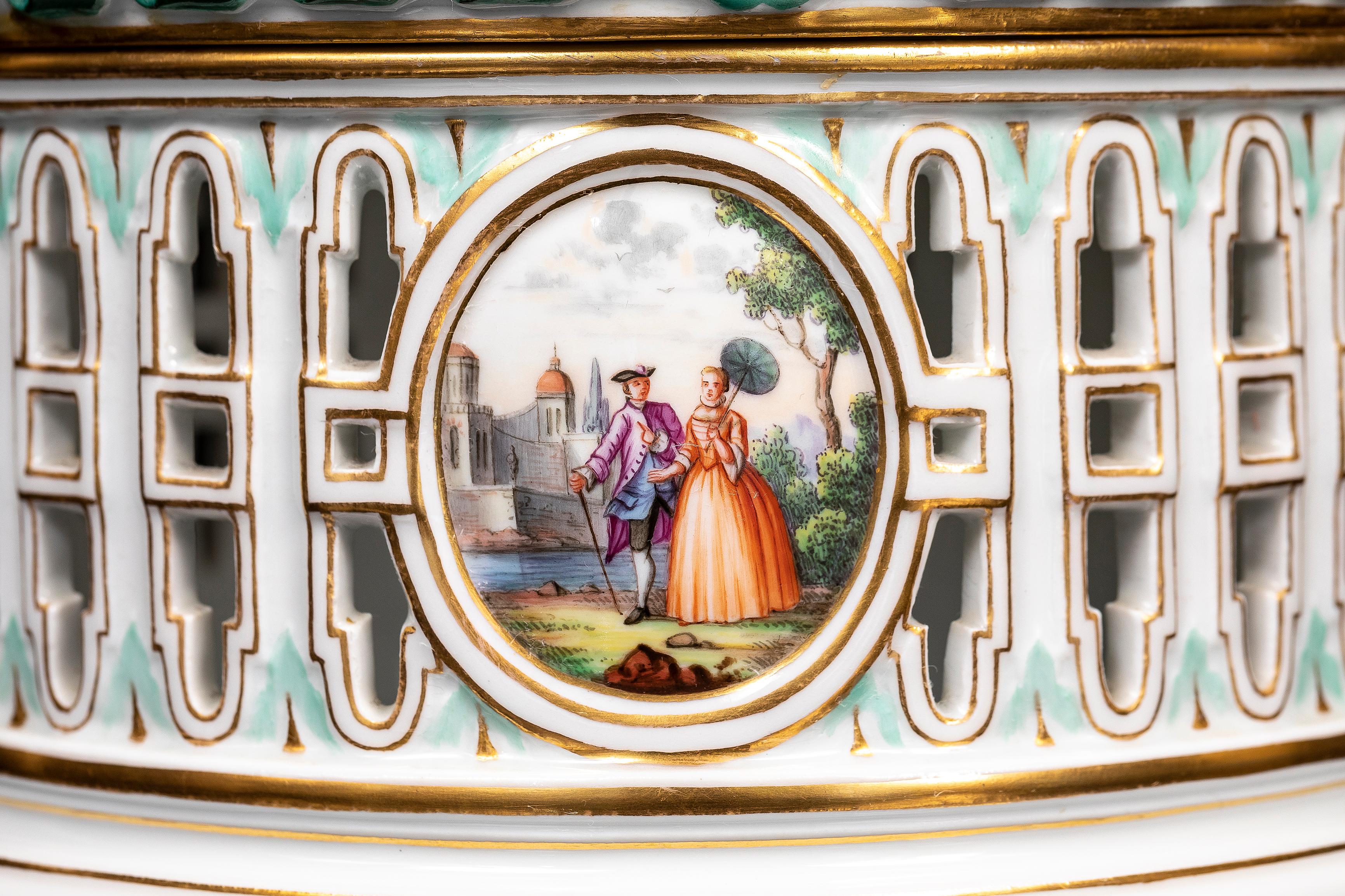 19th C Meissen Porcelain Covered Openwork Filigree Centerpiece w/ Watteau Scenes For Sale 2