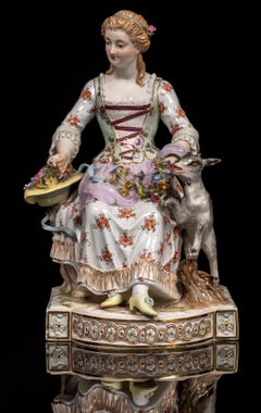 19th C. Meissen Porcelain Group of a Woman Seated w/ Bowl of Flowers & Pet Goat