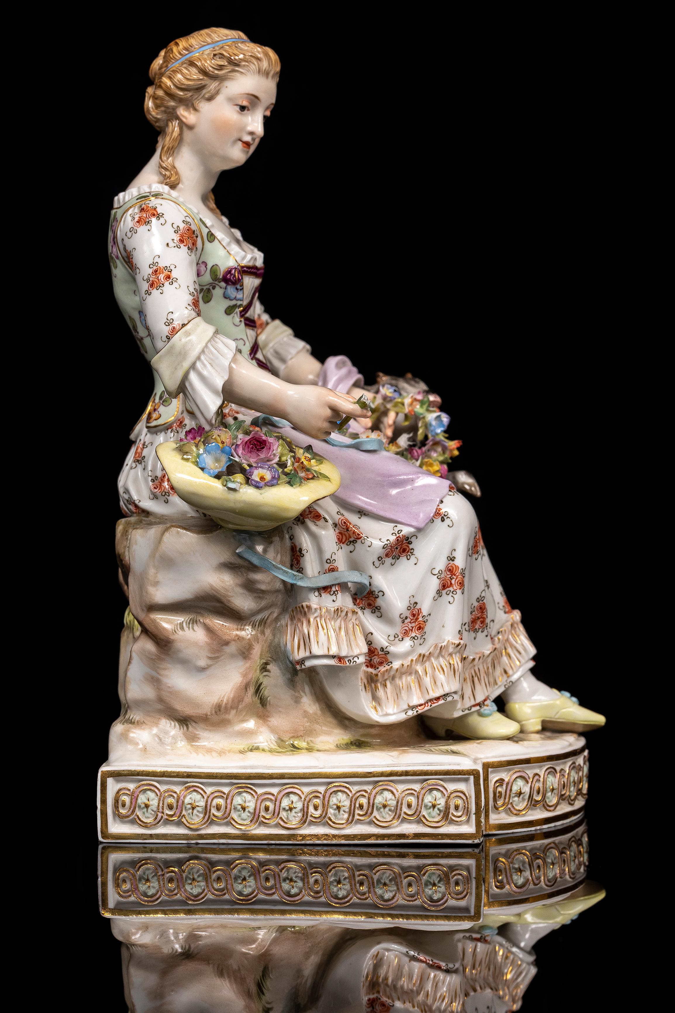 Grupo de mujer sentada con cuenco de flores y cabra, porcelana de Meissen, s. XIX en Bueno estado para la venta en New York, NY