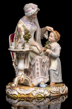 19th C Meissen Porcelain Grouping of a Mother & her Daughter at Tea-Time w/ Lace
